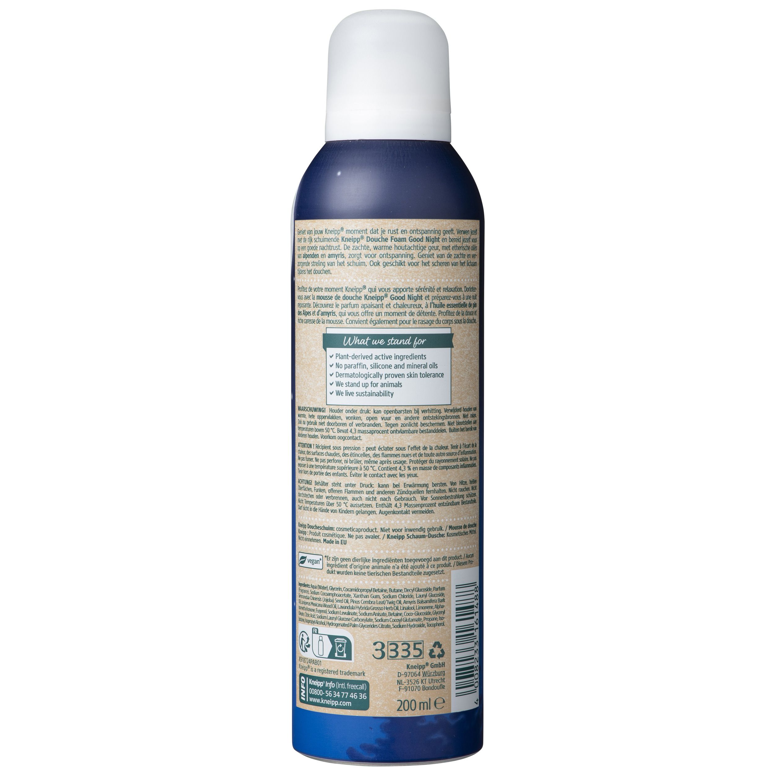 Flacon pulvérisateur bleu, dos. Informations textuelles, code-barres, logo. Inscription Kneipp, Good Night, Douche Foam.