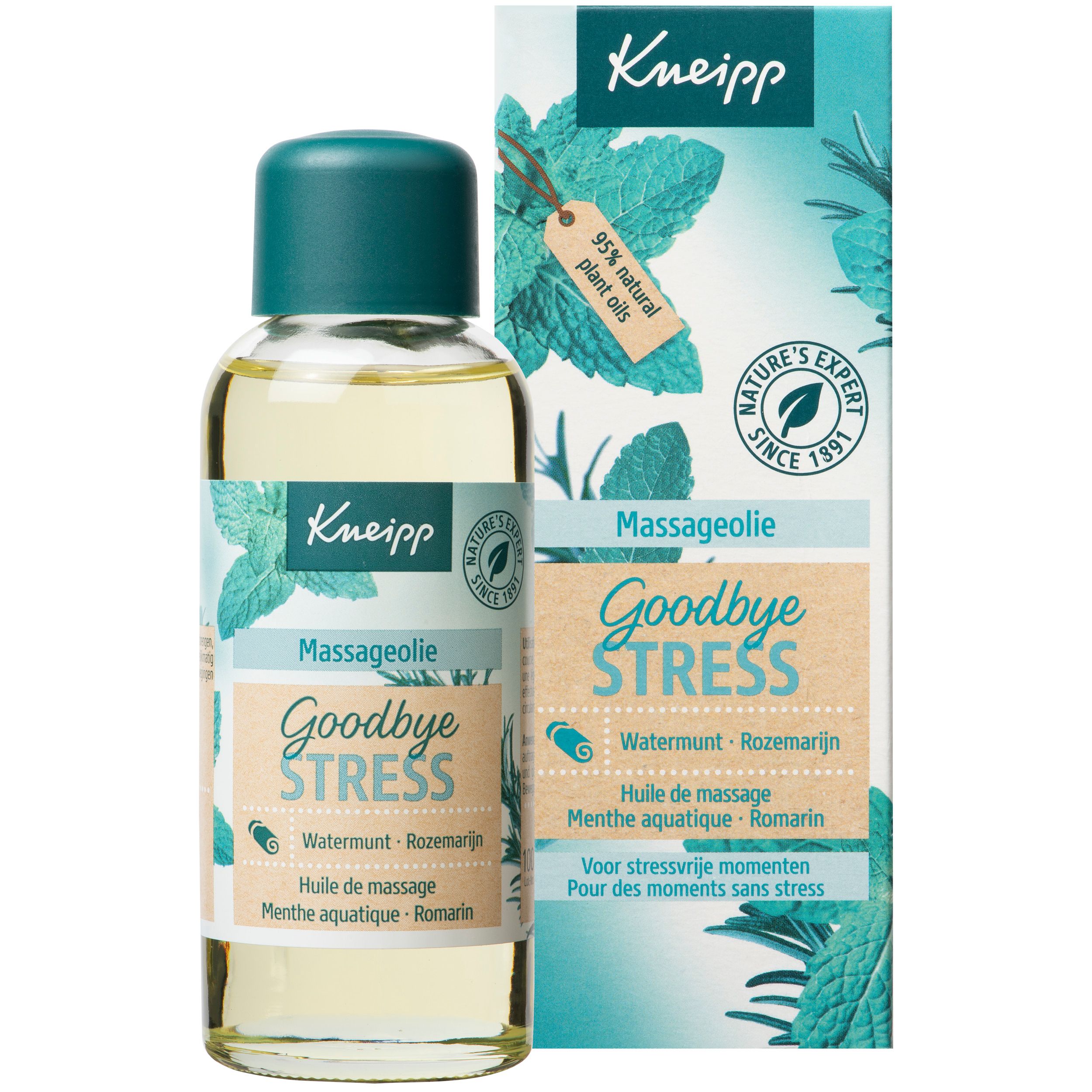 Kneipp Goodbye Stress huile de massage. Bouteille et emballage. Bouchon vert. Étiquette avec nom et ingrédients.