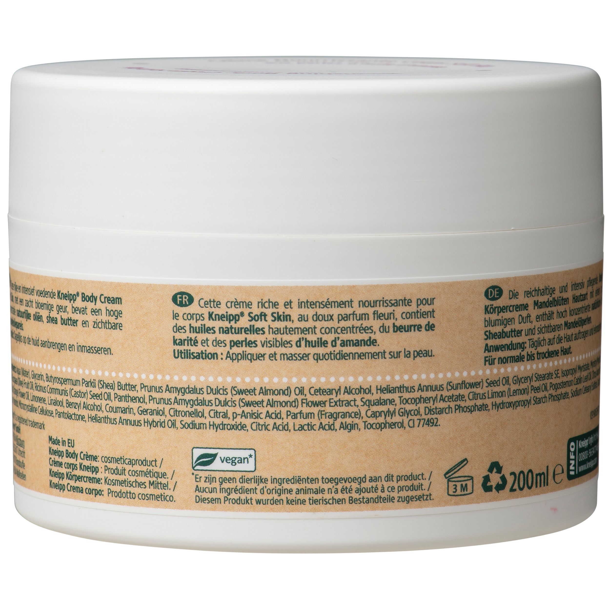 Pot blanc, vue latérale. Autocollant avec informations sur le produit et ingrédients. Logo vegan.