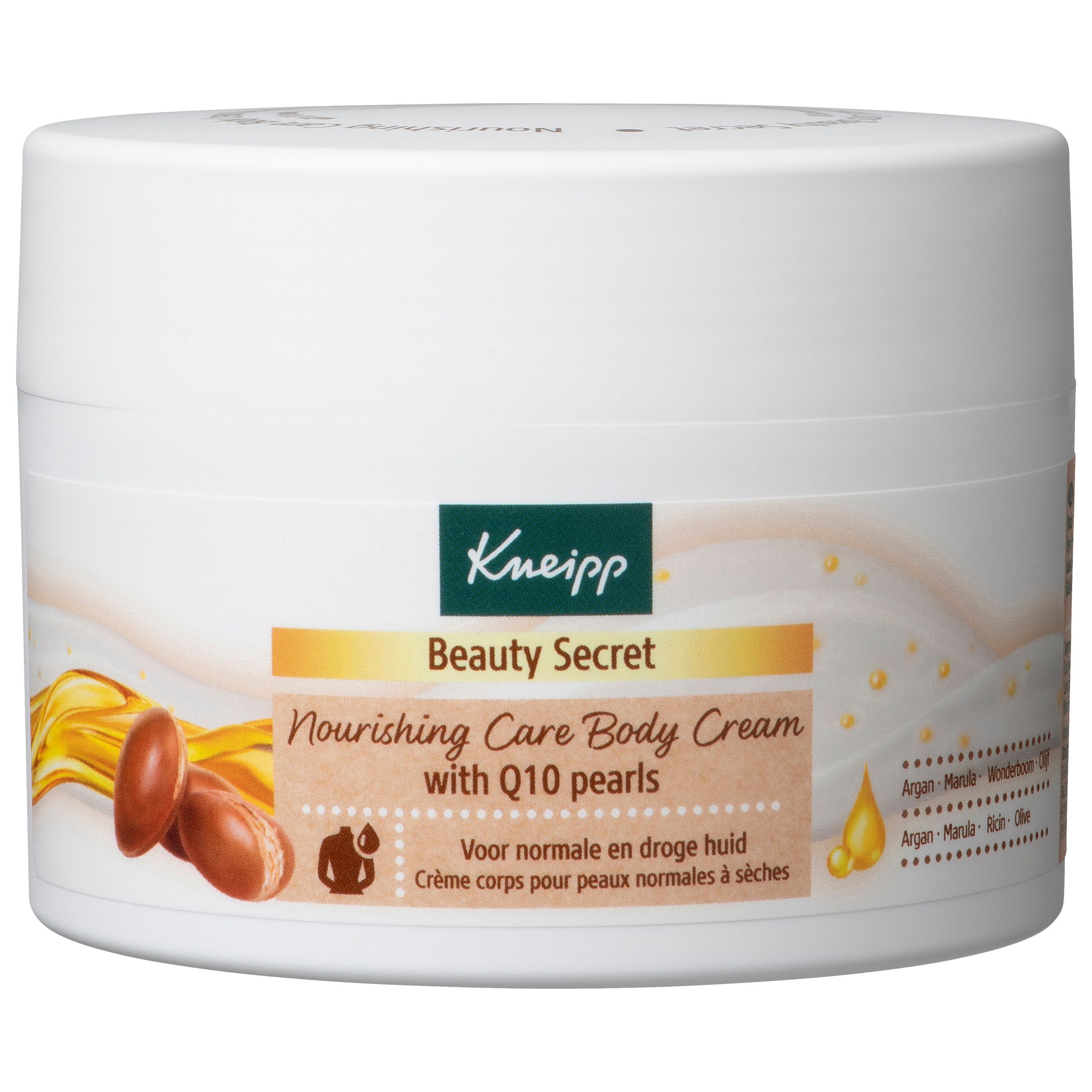 Pot blanc Kneipp Beauty Secret Nourishing Care Body Cream with Q10 Pearls. Étiquette avec nom du produit, illustration d'huile d'argan.