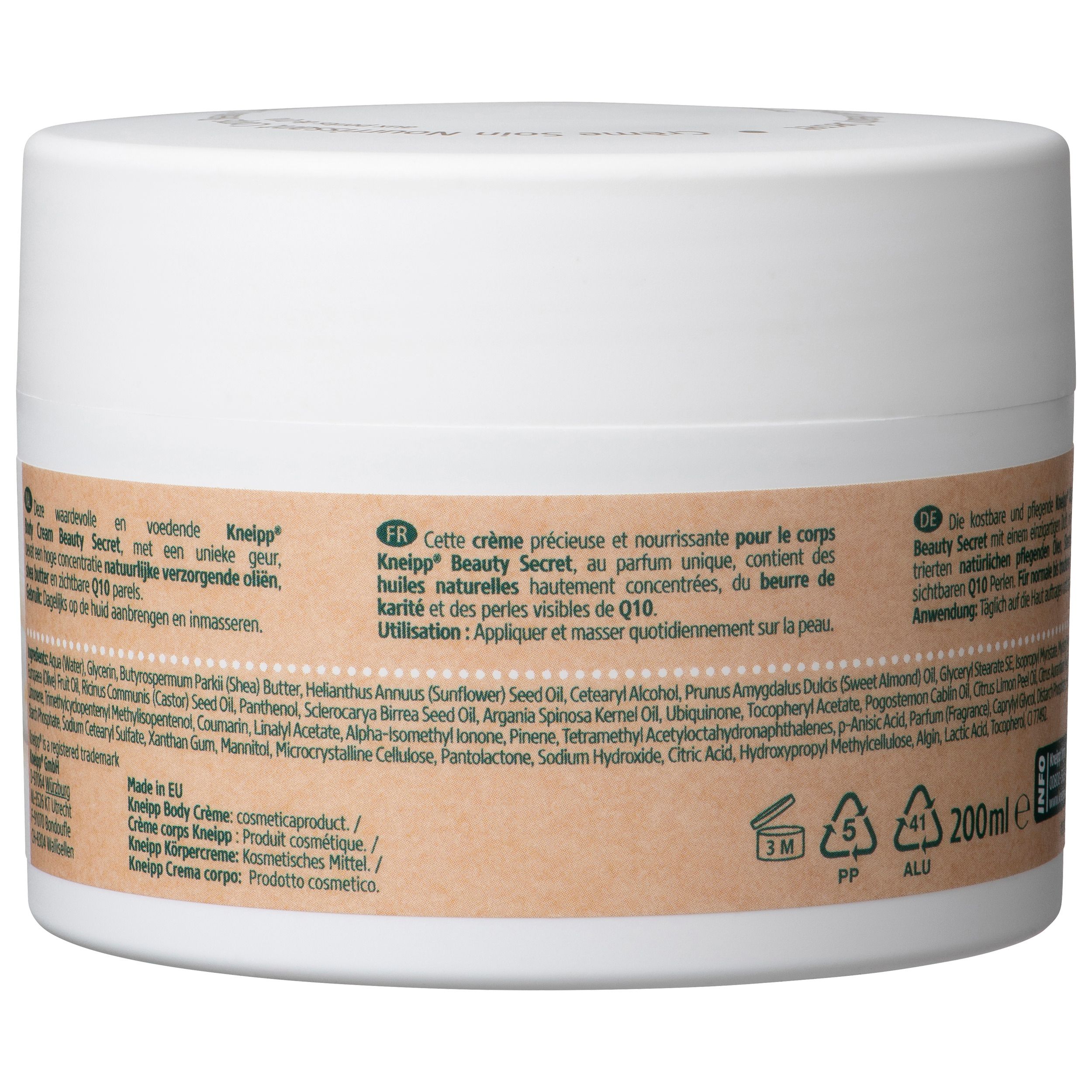 Dos du pot blanc Kneipp Beauty Secret Nourishing Care Body Cream. Texte, ingrédients, 200ml, numéro de lot.