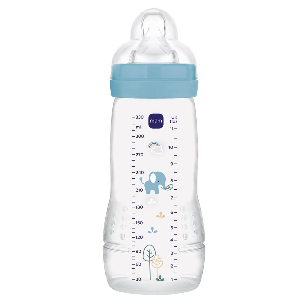 Biberon MAM Easy Active 330ml avec capuchon bleu, échelle graduée et motif éléphant.