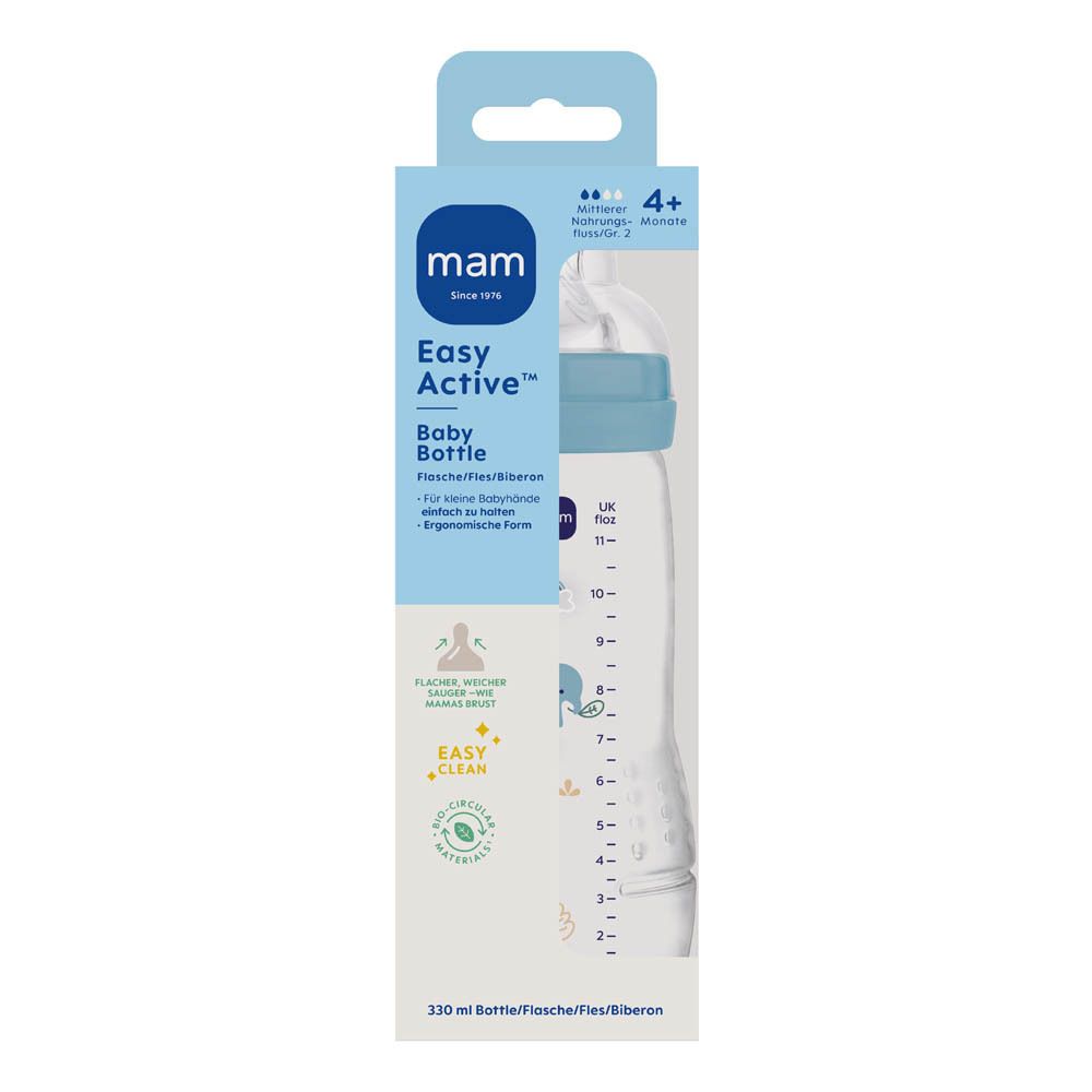 Biberon MAM Easy Active 330ml dans son emballage, avec capuchon bleu et motifs d'animaux.
