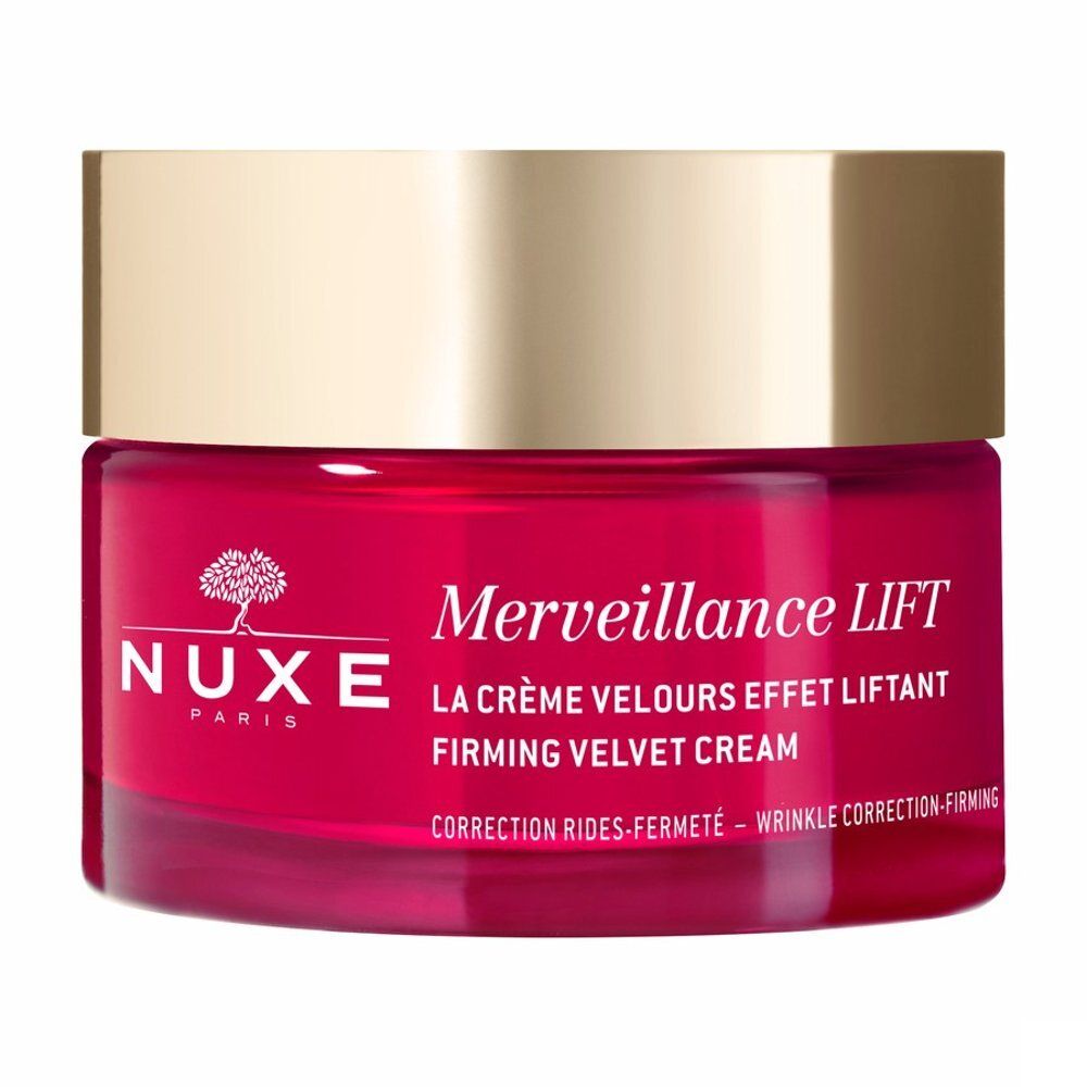 Pot Nuxe Merveillance Lift Crème Velours Effet Liftant avec couvercle argenté et corps rouge.