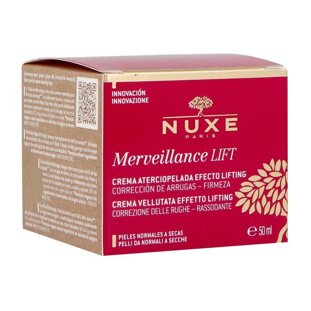 Pot Nuxe Merveillance Lift Crème Velours Effet Liftant avec couvercle argenté et corps rouge.