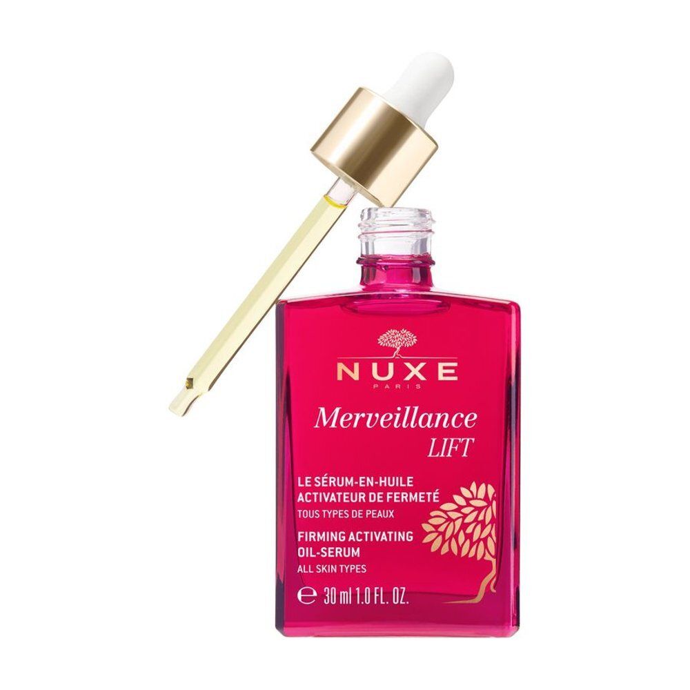 Flacon en verre rouge avec pipette, Sérum-en-Huile Activateur de Fermeté Nuxe Merveillance Lift, 30ml.