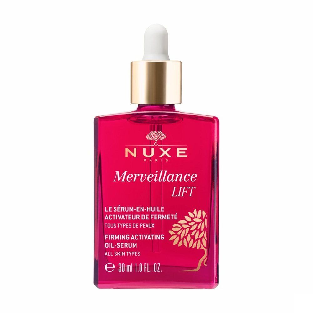 Flacon en verre rouge avec pipette, Sérum-en-Huile Activateur de Fermeté Nuxe Merveillance Lift, 30ml.