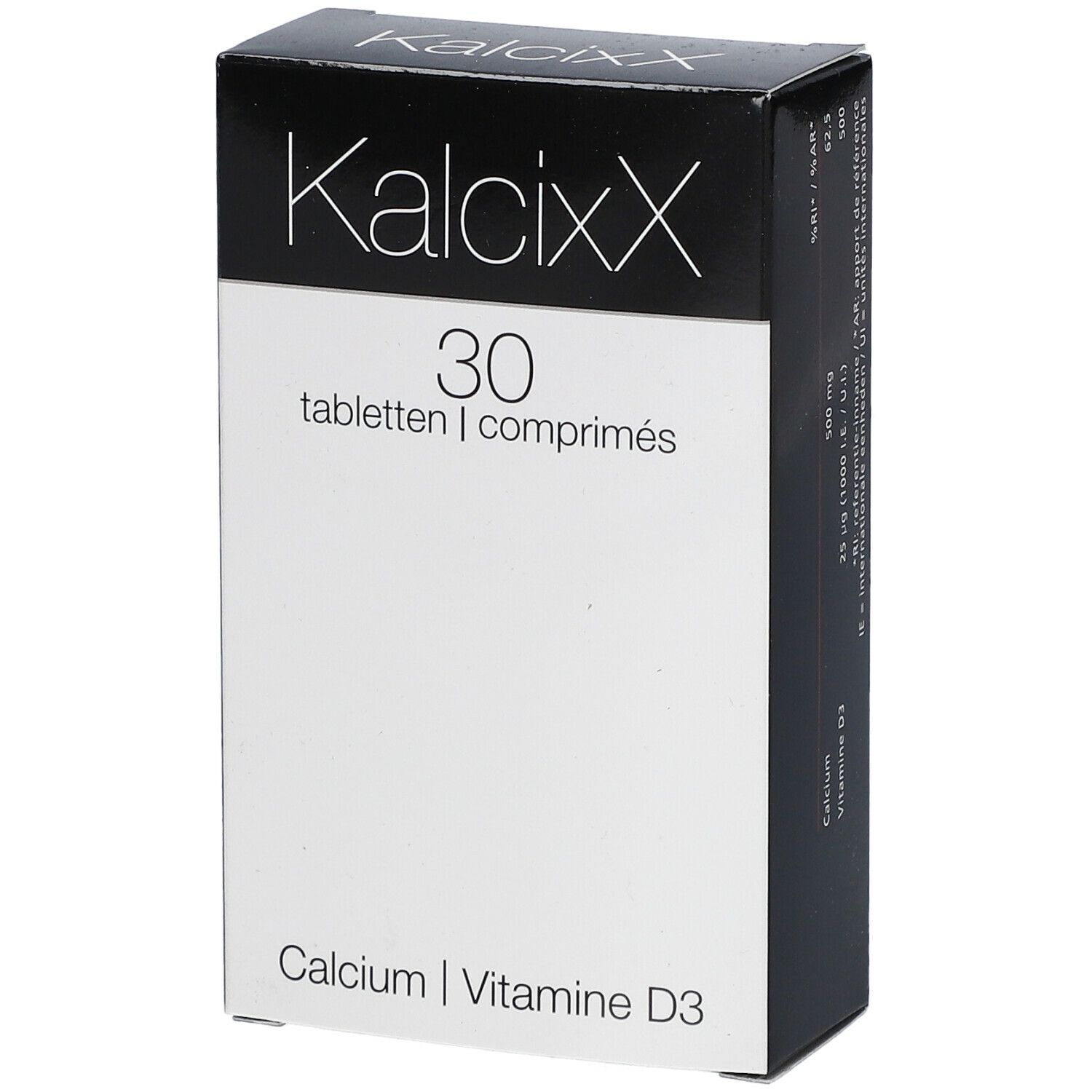 KalcixX-Verpackung. Enthält 30 Tabletten. Aufschrift: Calcium, Vitamin D3.