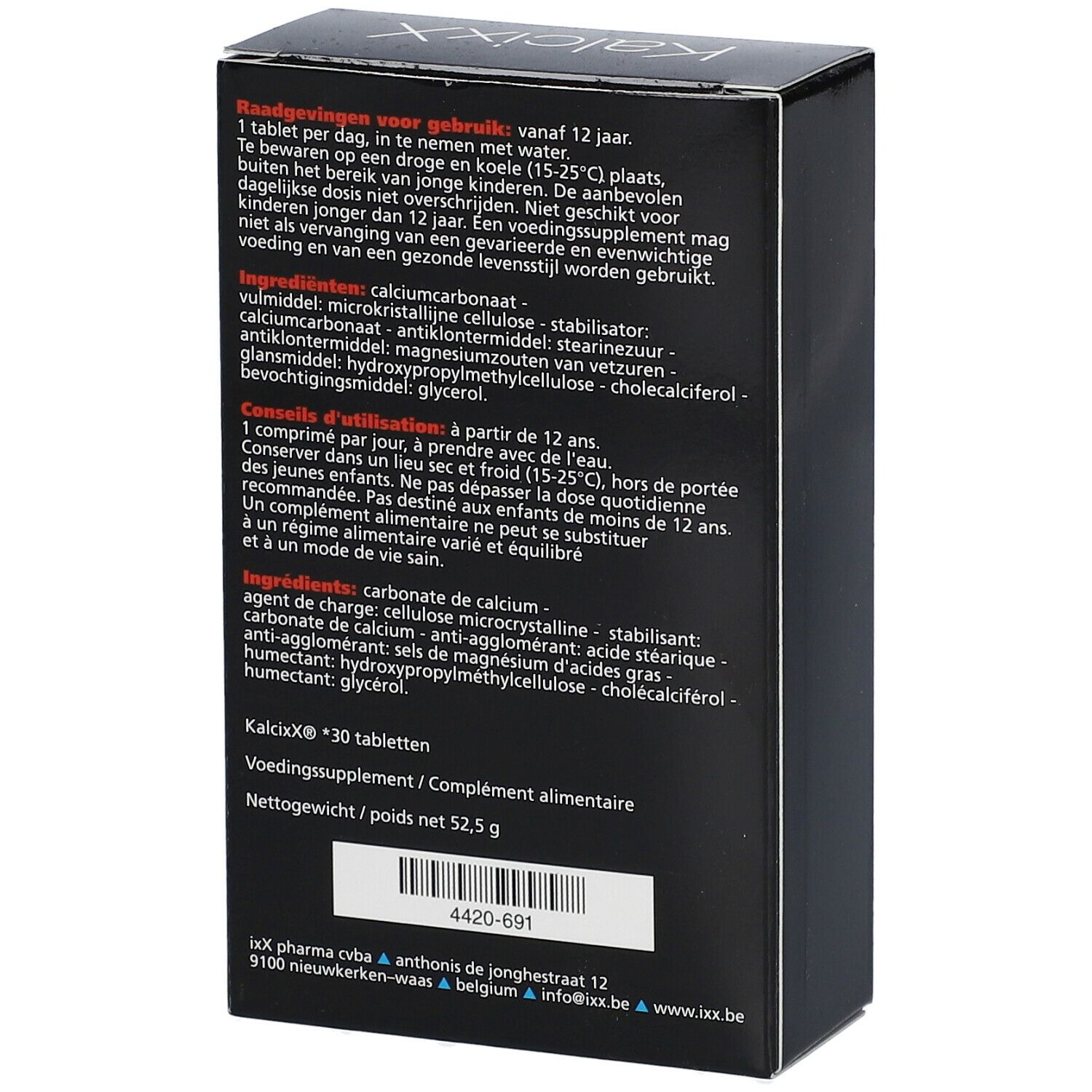 Rückseite der KalcixX-Verpackung. Enthält Informationen zu Inhaltsstoffen und Dosierung.