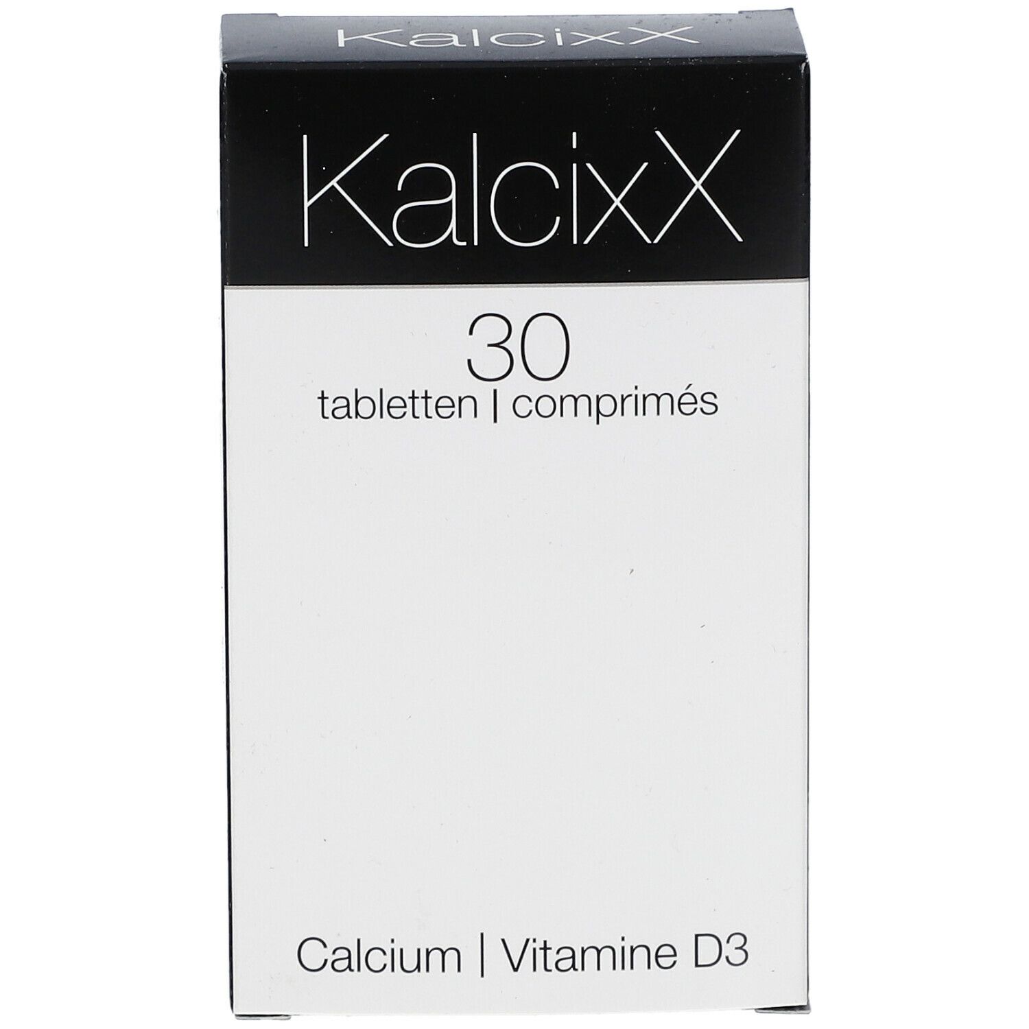 KalcixX-Verpackung. Enthält 30 Tabletten. Aufschrift: Calcium, Vitamin D3.