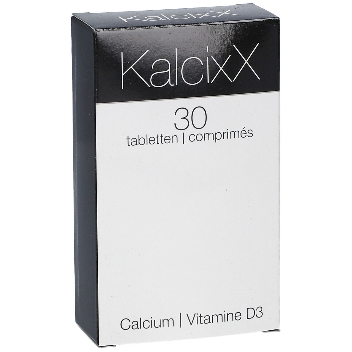 KalcixX-Verpackung. Enthält 30 Tabletten. Aufschrift: Calcium, Vitamin D3.