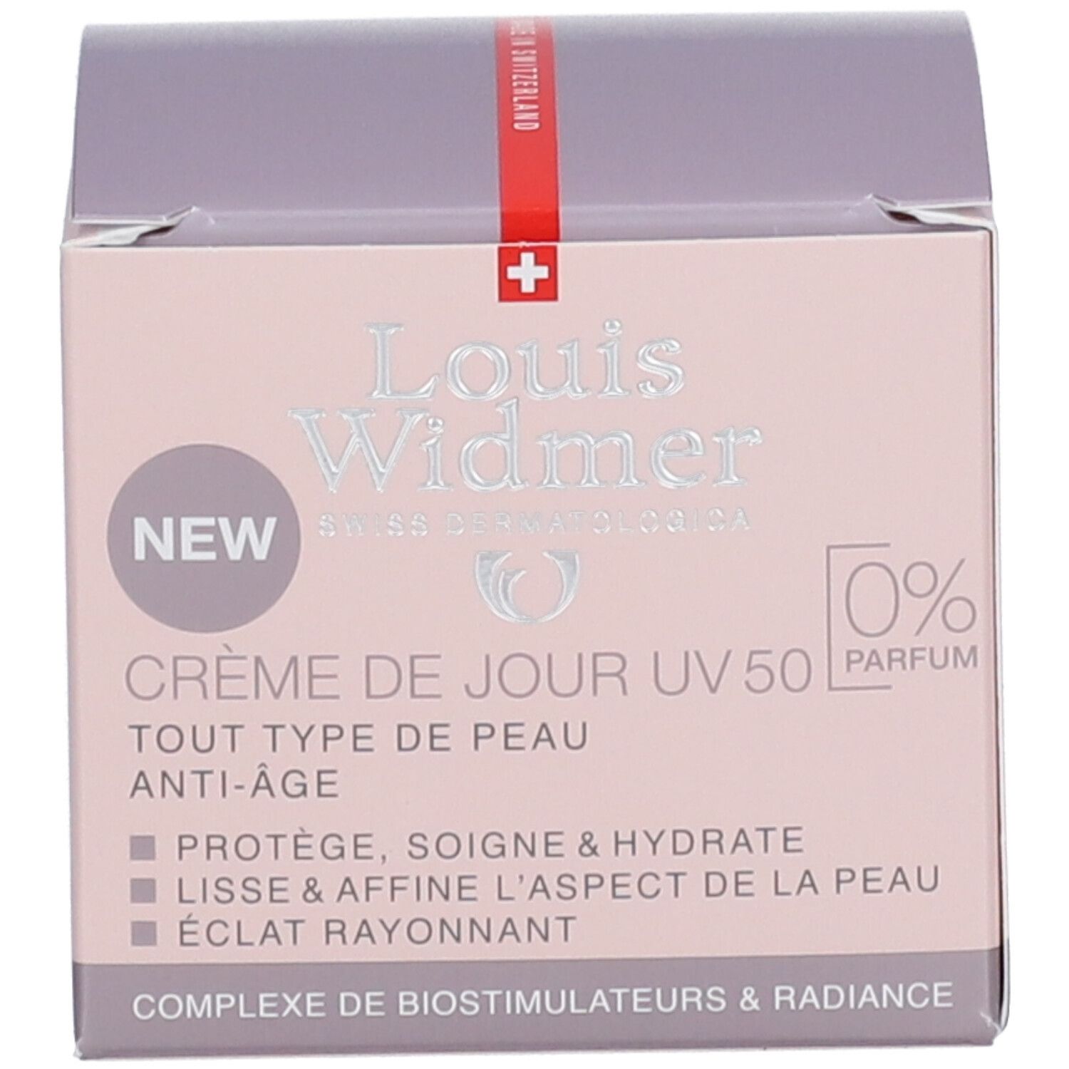 Verpackung mit Aufschrift: Louis Widmer, Crème de jour UV 50. Schweizer Kreuz. 0% Parfum. Für alle Hauttypen.