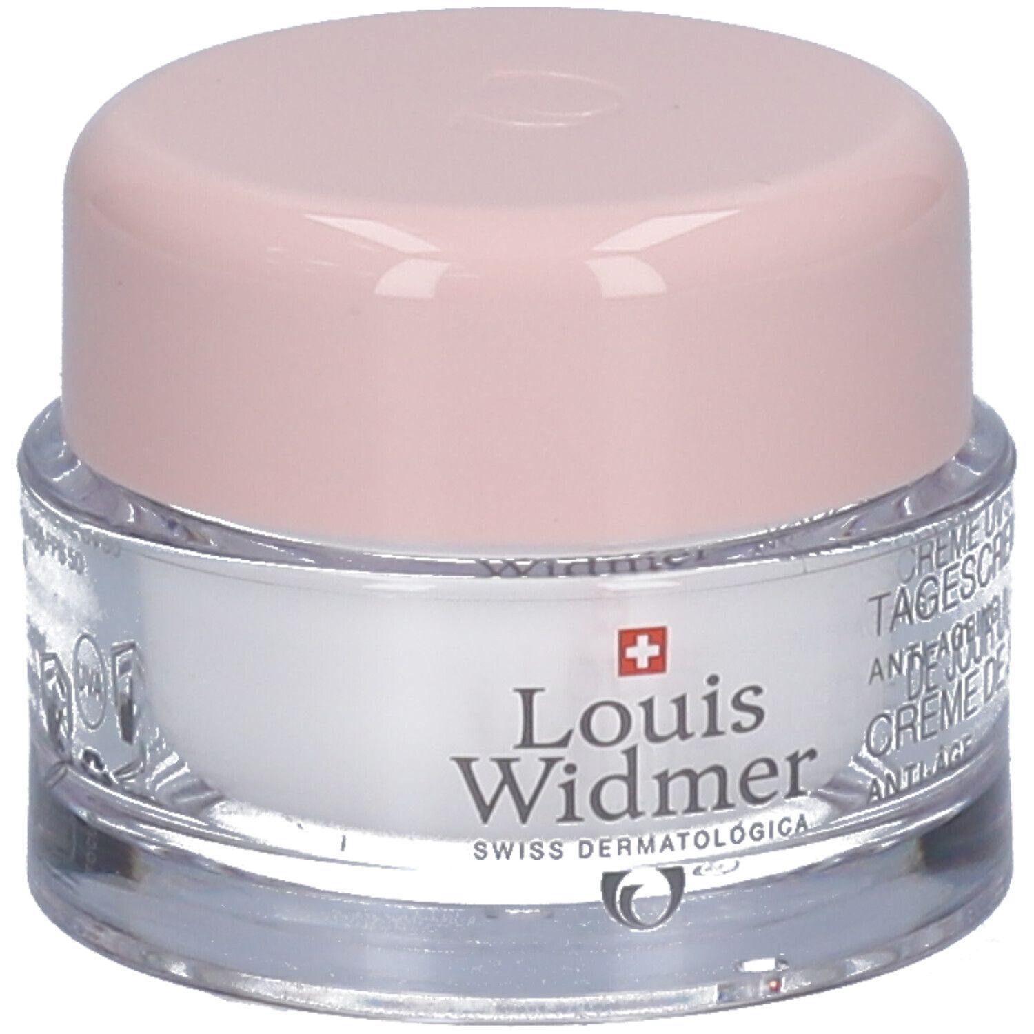 Creme-Tiegel mit rosa Deckel. Aufschrift: Louis Widmer, Tagescreme UV 50. Schweizer Kreuz.