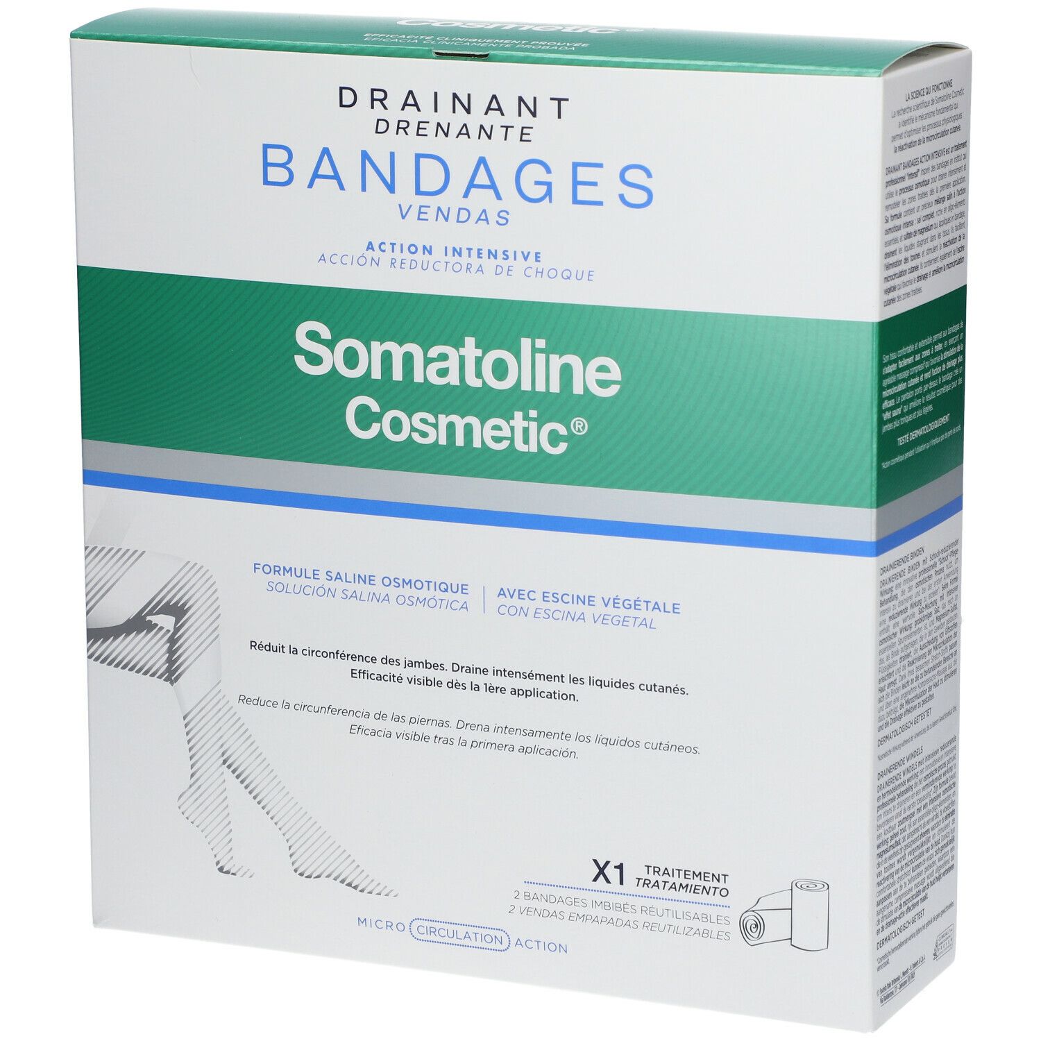 Verpackung von Somatoline Cosmetic Bandagen. Box mit Produktnamen, Bein-Illustration und Produktinformationen. Enthält Bandagen.