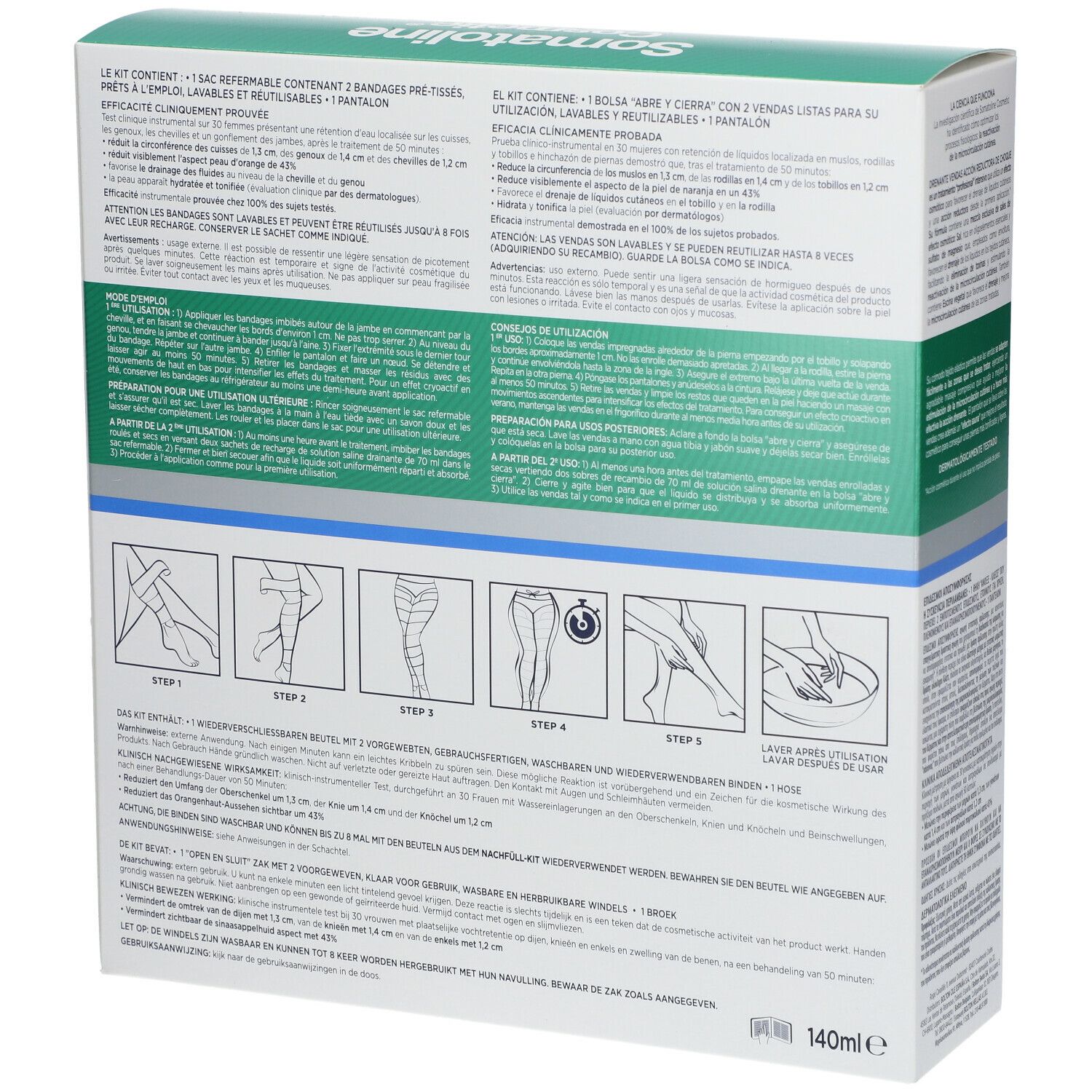 Rückseite der Somatoline Cosmetic Bandagen Verpackung. Enthält Anwendungsanweisungen und Produktinformationen in mehreren Sprachen.