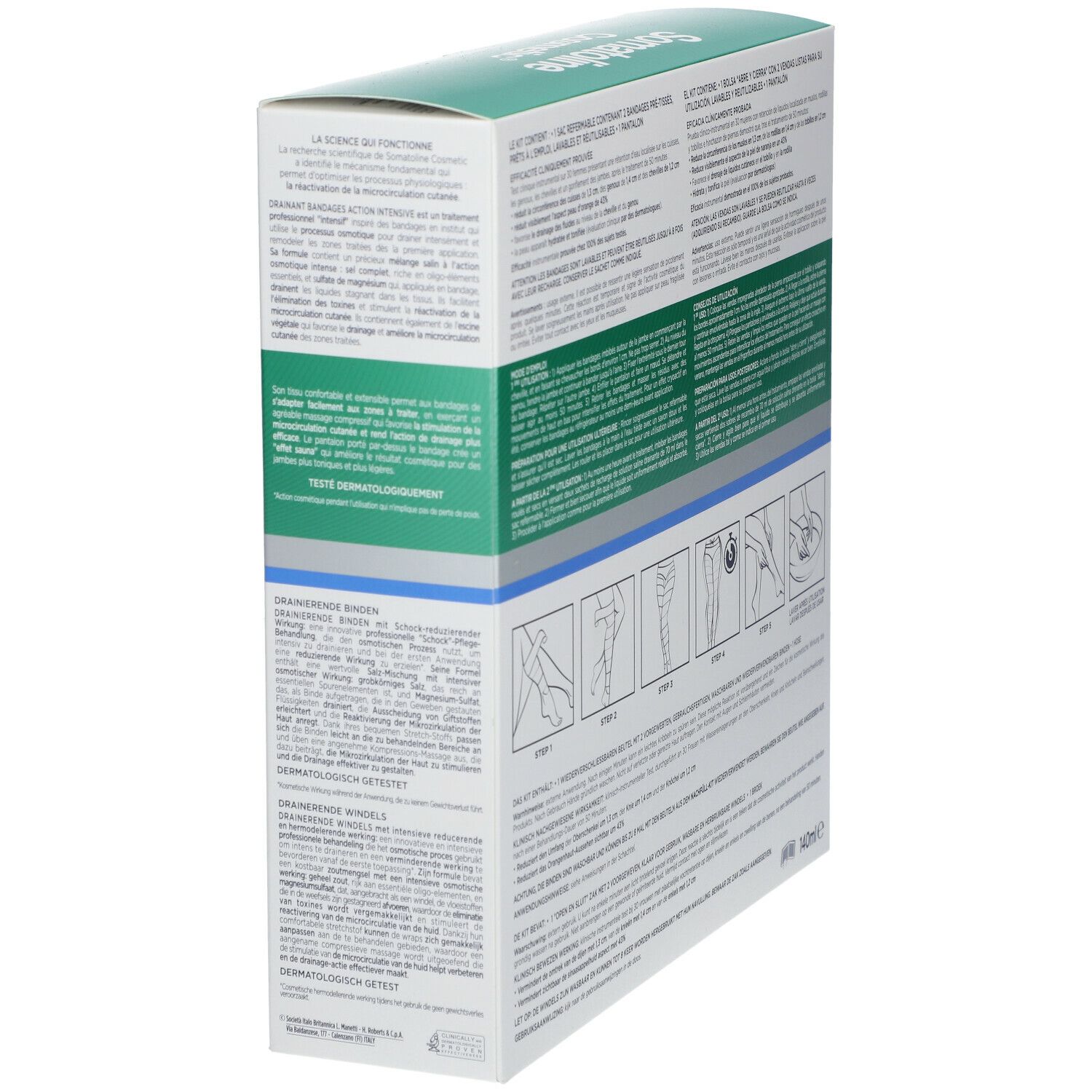 Rückseite der Somatoline Cosmetic Bandagen Verpackung. Enthält Produktinformationen und Anwendungsanweisungen.