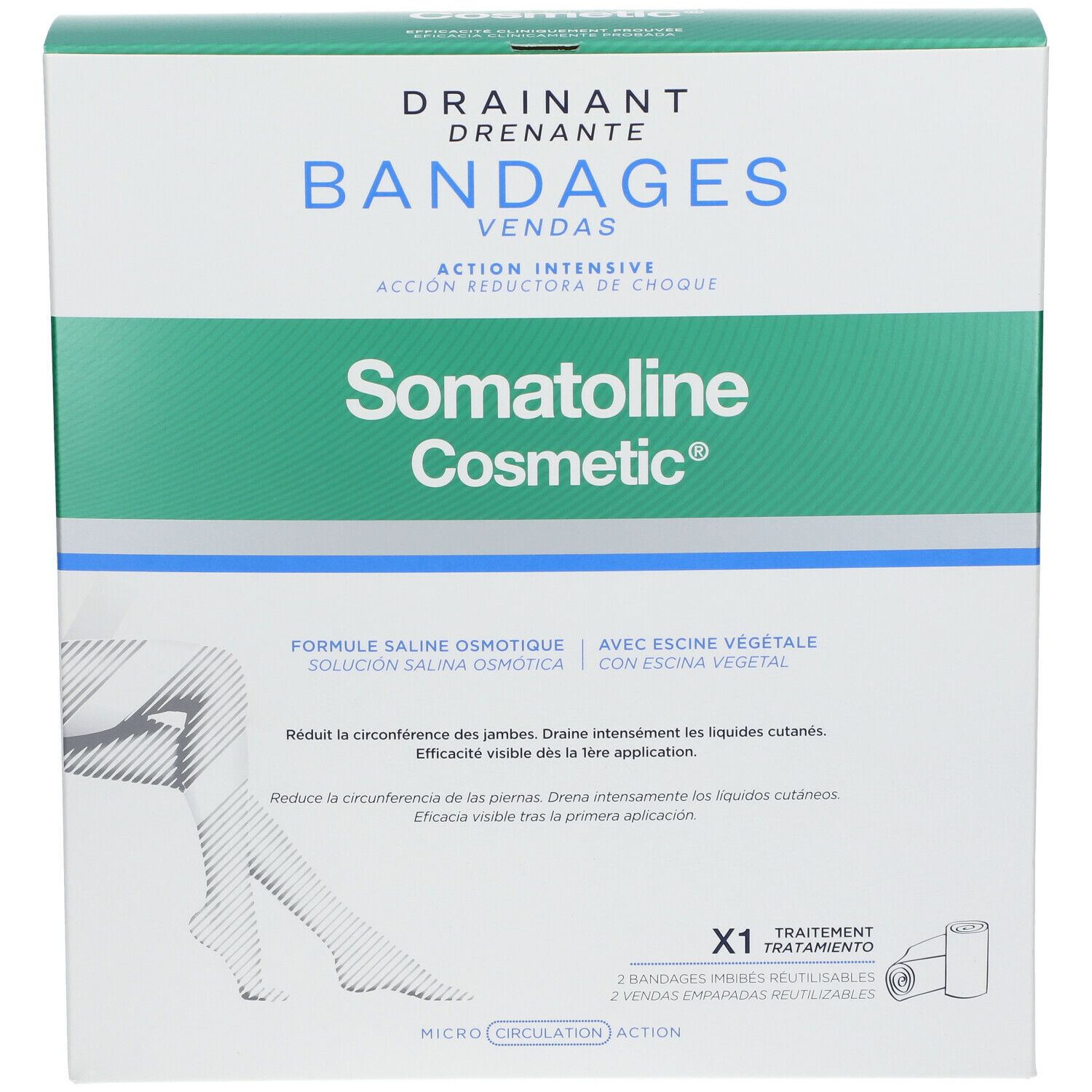 Verpackung von Somatoline Cosmetic Bandagen. Box mit Produktnamen, Bein-Illustration und Produktinformationen. Enthält Bandagen.