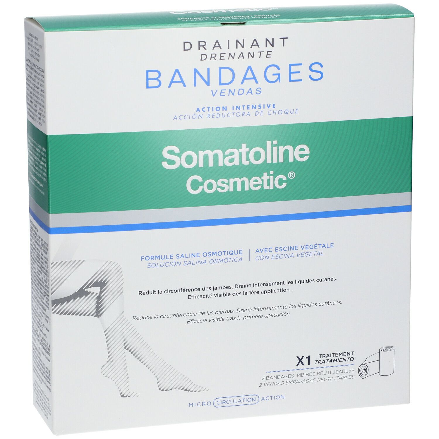Verpackung von Somatoline Cosmetic Bandagen. Box mit Produktnamen, Bein-Illustration und Produktinformationen. Enthält Bandagen.