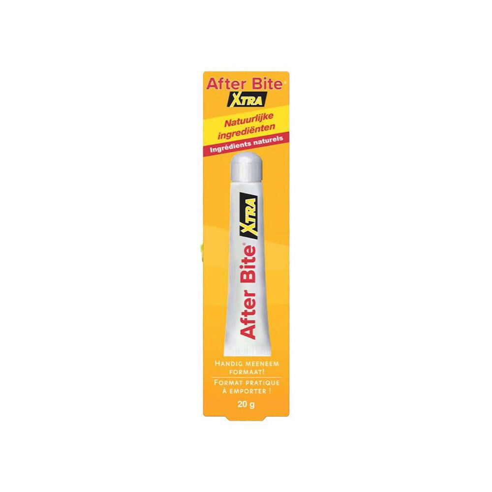 After Bite Xtra Tube in gelber Schachtel. Produktname und Inhaltsstoffe aufgedruckt. 20g.