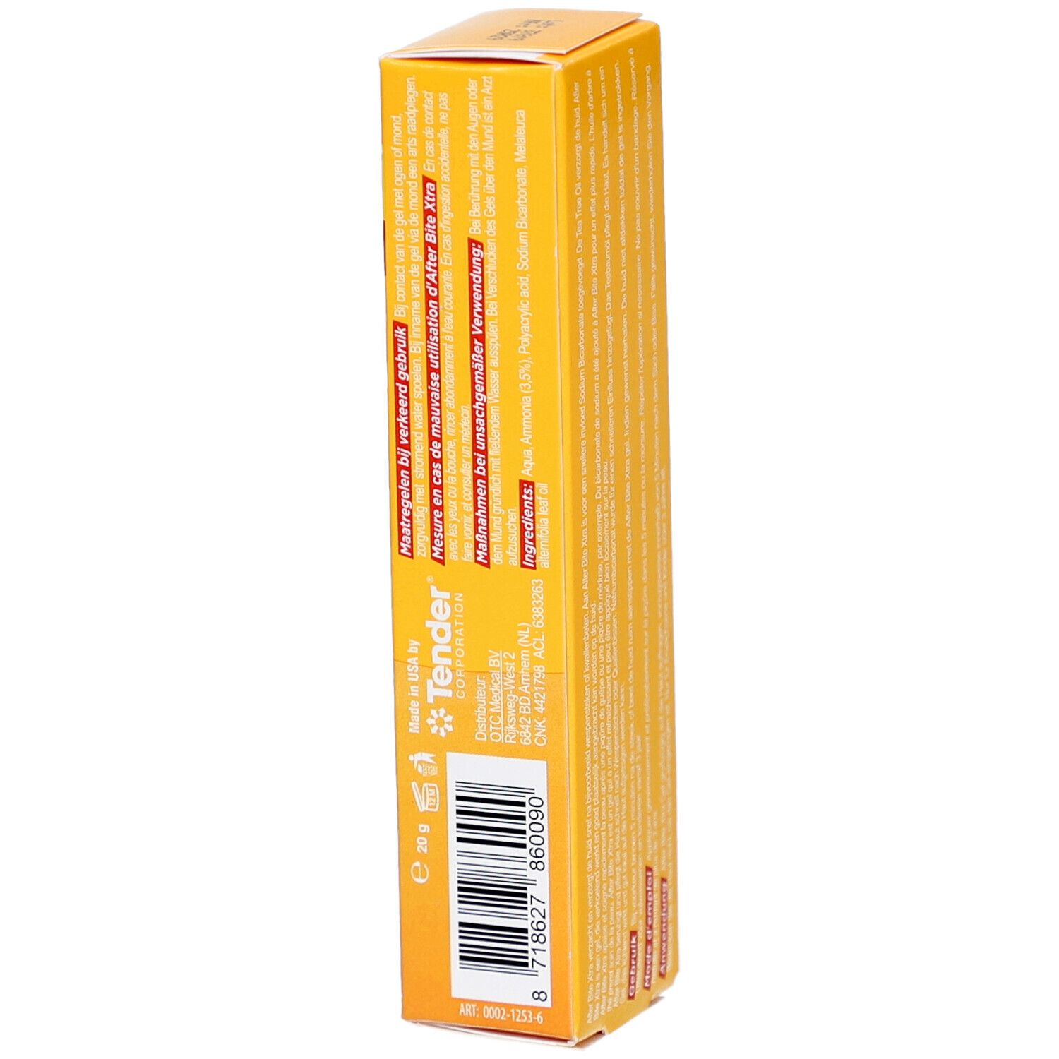 After Bite Xtra Tube in gelber Schachtel. Produktname und Inhaltsstoffe aufgedruckt. 20g.