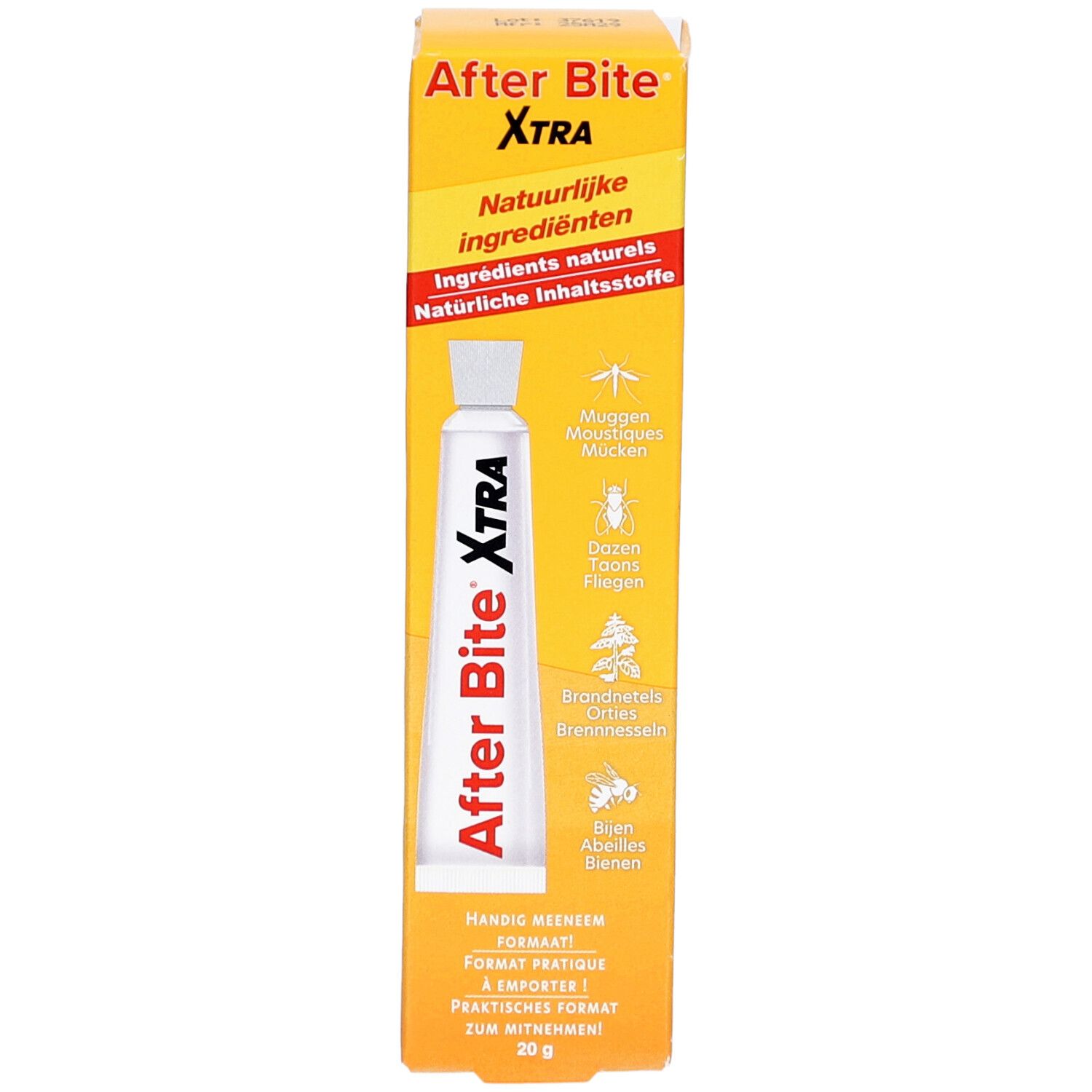 After Bite Xtra Tube in gelber Schachtel. Produktname und Inhaltsstoffe aufgedruckt. 20g.