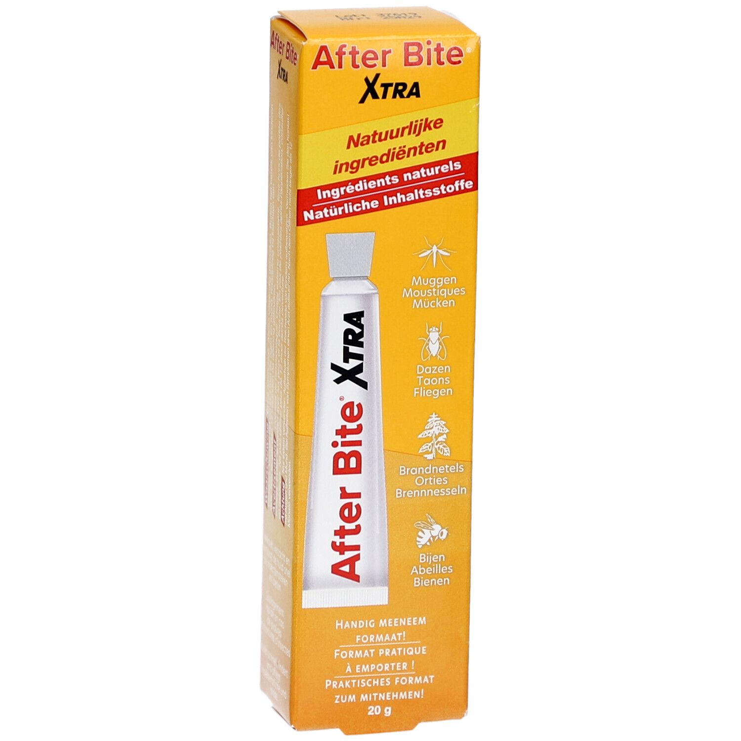After Bite Xtra Tube in gelber Schachtel. Produktname und Inhaltsstoffe aufgedruckt. 20g.