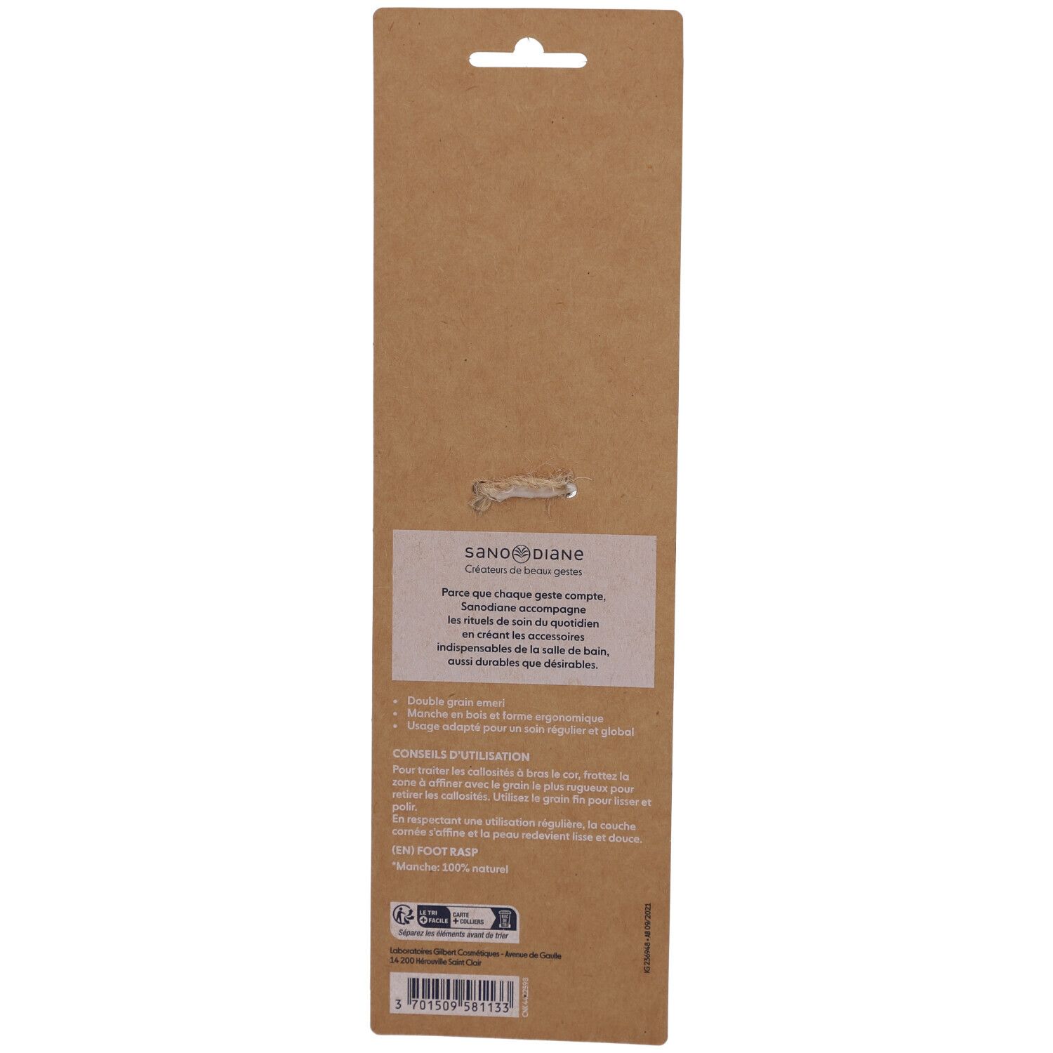 Rückseite der Produktverpackung. Text in französischer Sprache, Produktname und Logo. Informationen zur Verwendung.