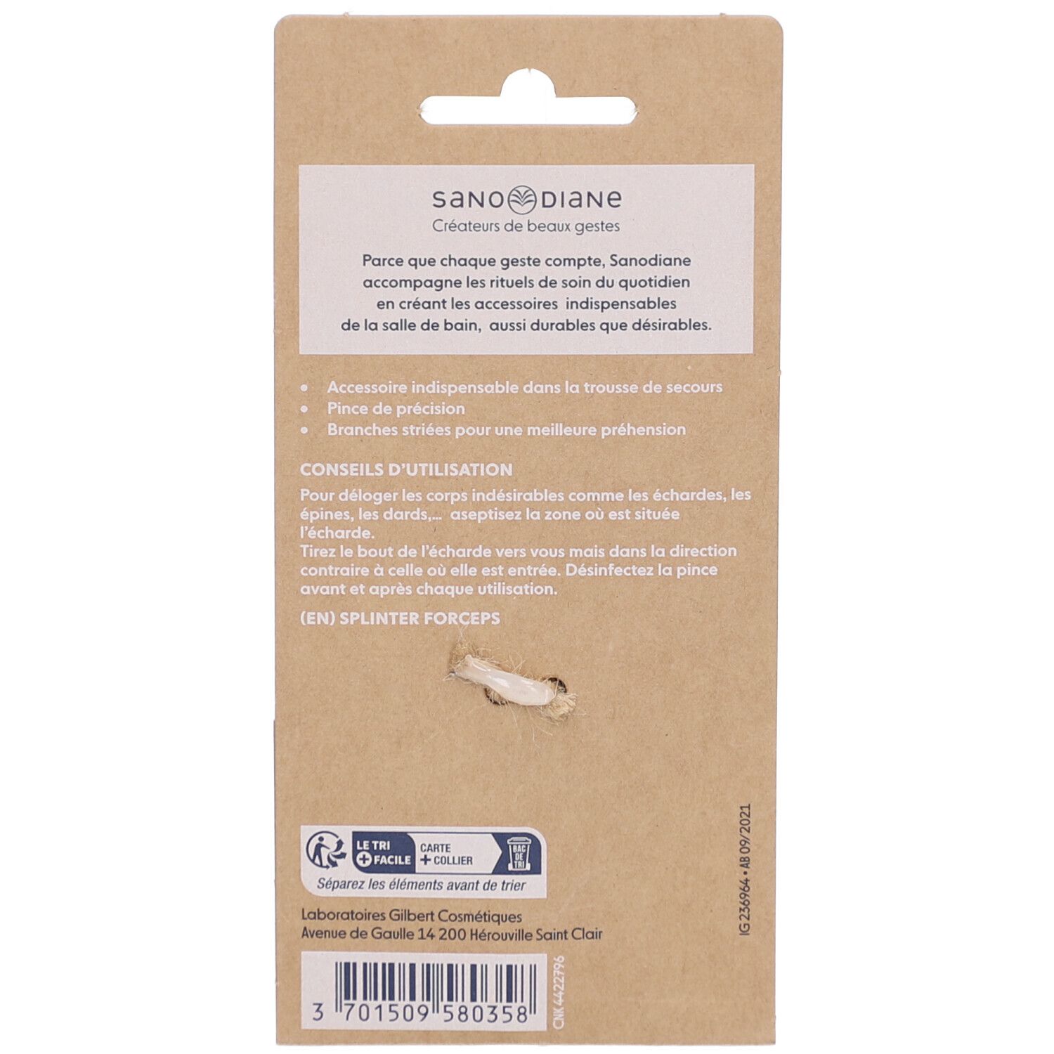 Rückseite der Verpackung. Text und Produktinformationen. Marke: Sanodiane. Mit Gebrauchsanweisung.