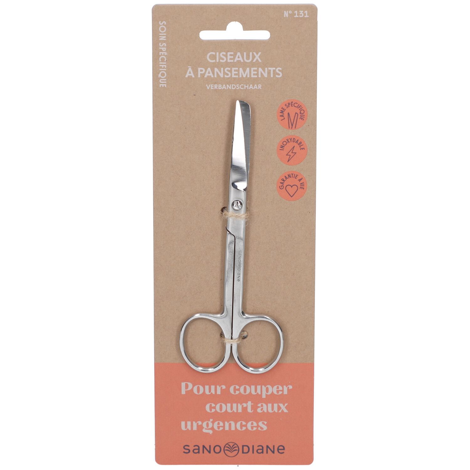 Verbandschere aus Edelstahl, 14 cm, in Verpackung. Aufschrift: "Ciseaux à pansements", "Pour couper court aux urgences", Marke SanoDiane.