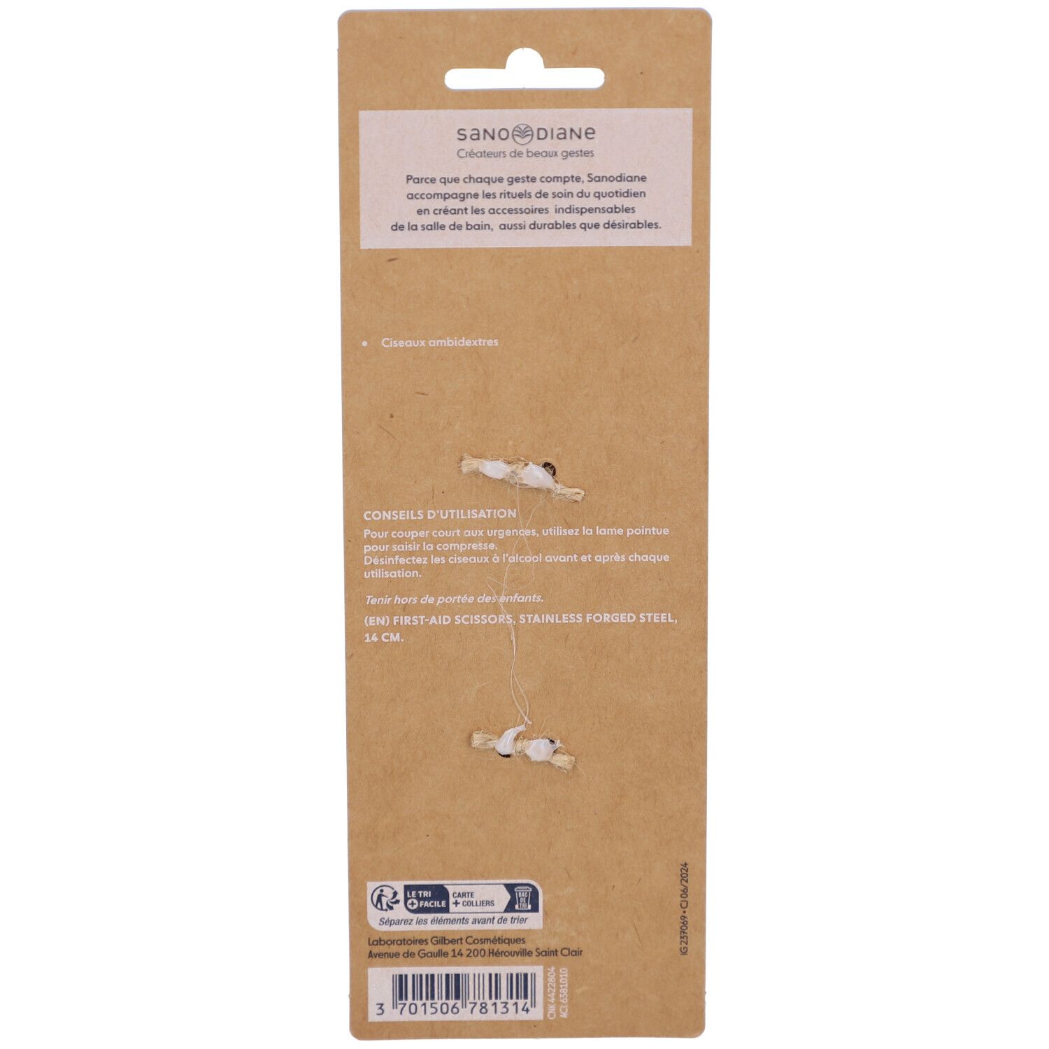 Rückseite der Verpackung mit Produktinformationen. Text in Französisch. Enthält Informationen zu den Erste-Hilfe-Schere, Edelstahl, 14 cm.