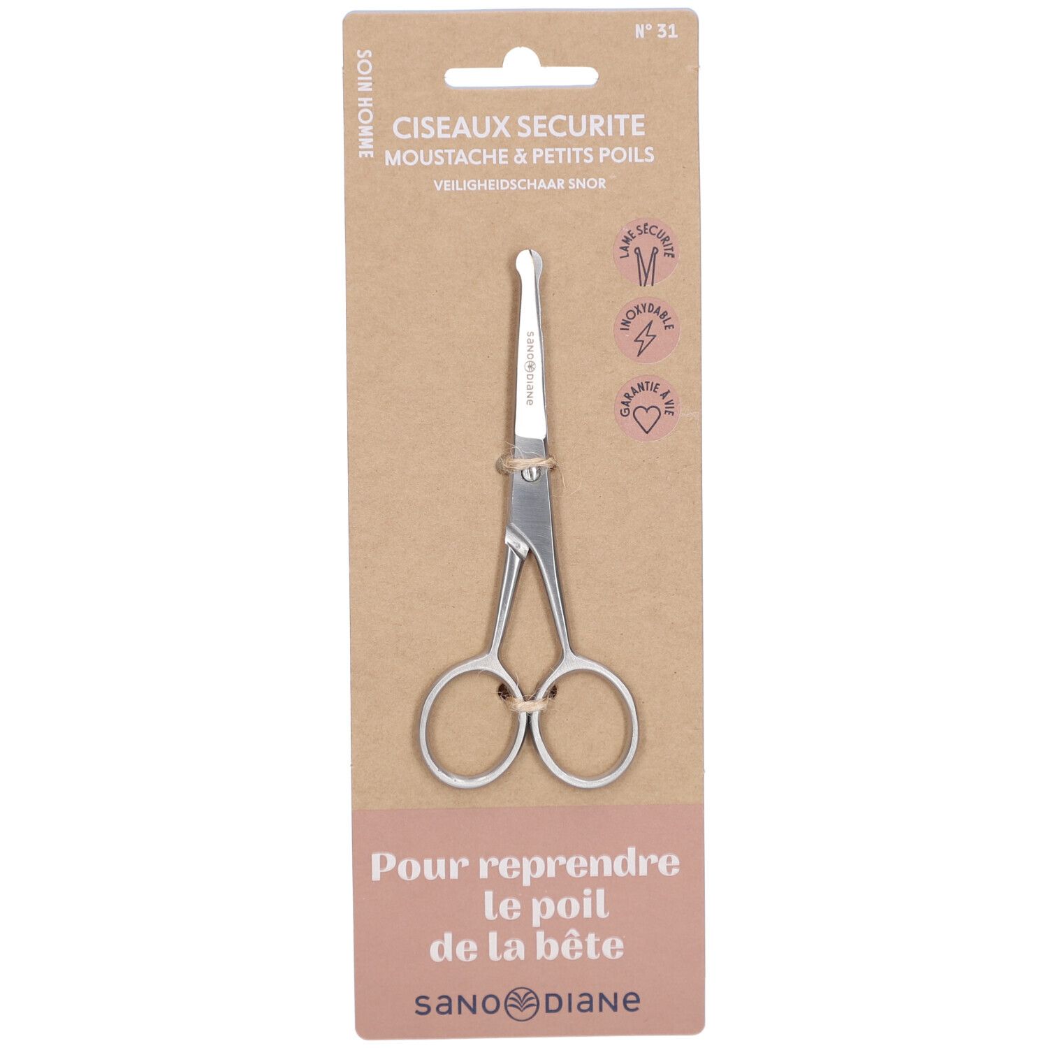 Ciseaux de sécurité pour moustache et petits poils, bout arrondi. Présentés sur une carte en carton avec texte.