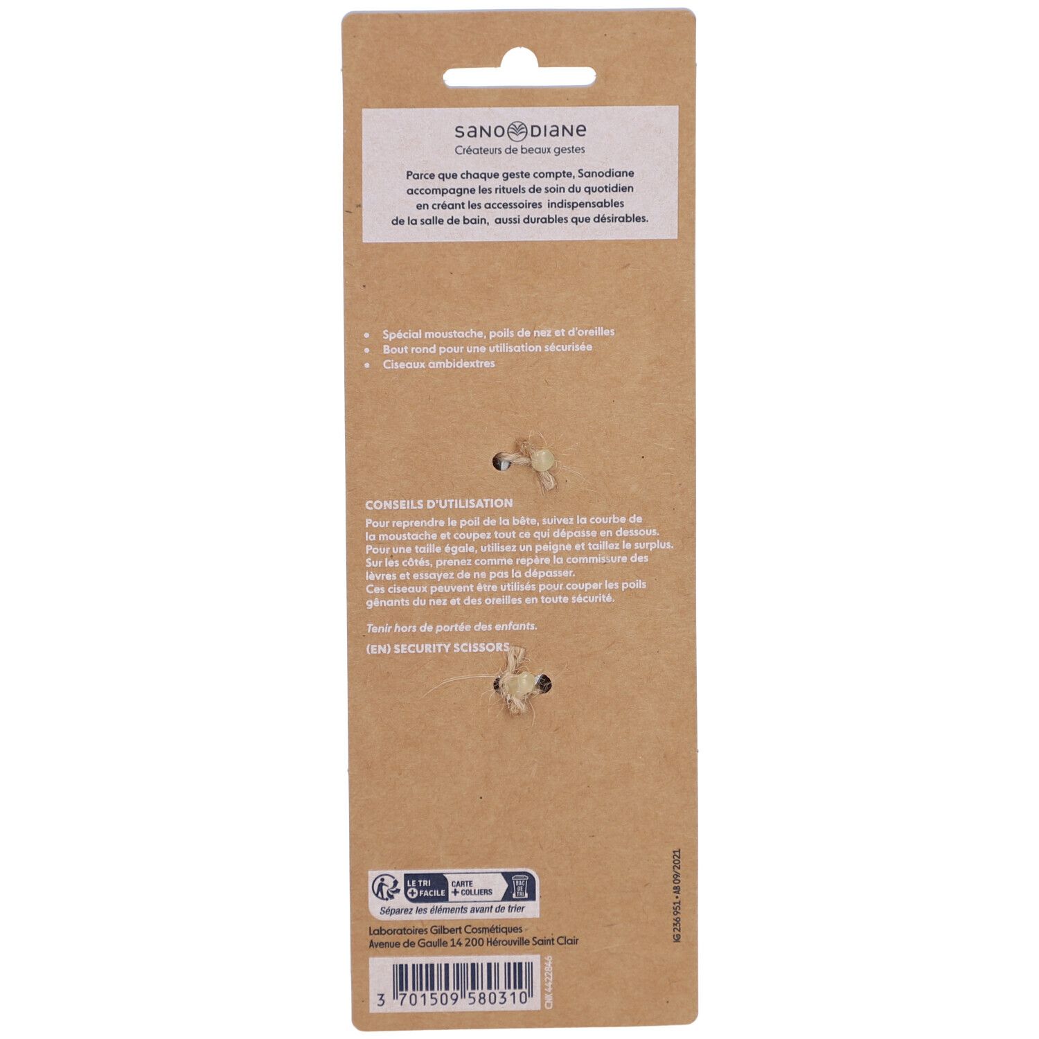 Dos de l'emballage avec texte. Contient des informations sur le produit et des instructions.