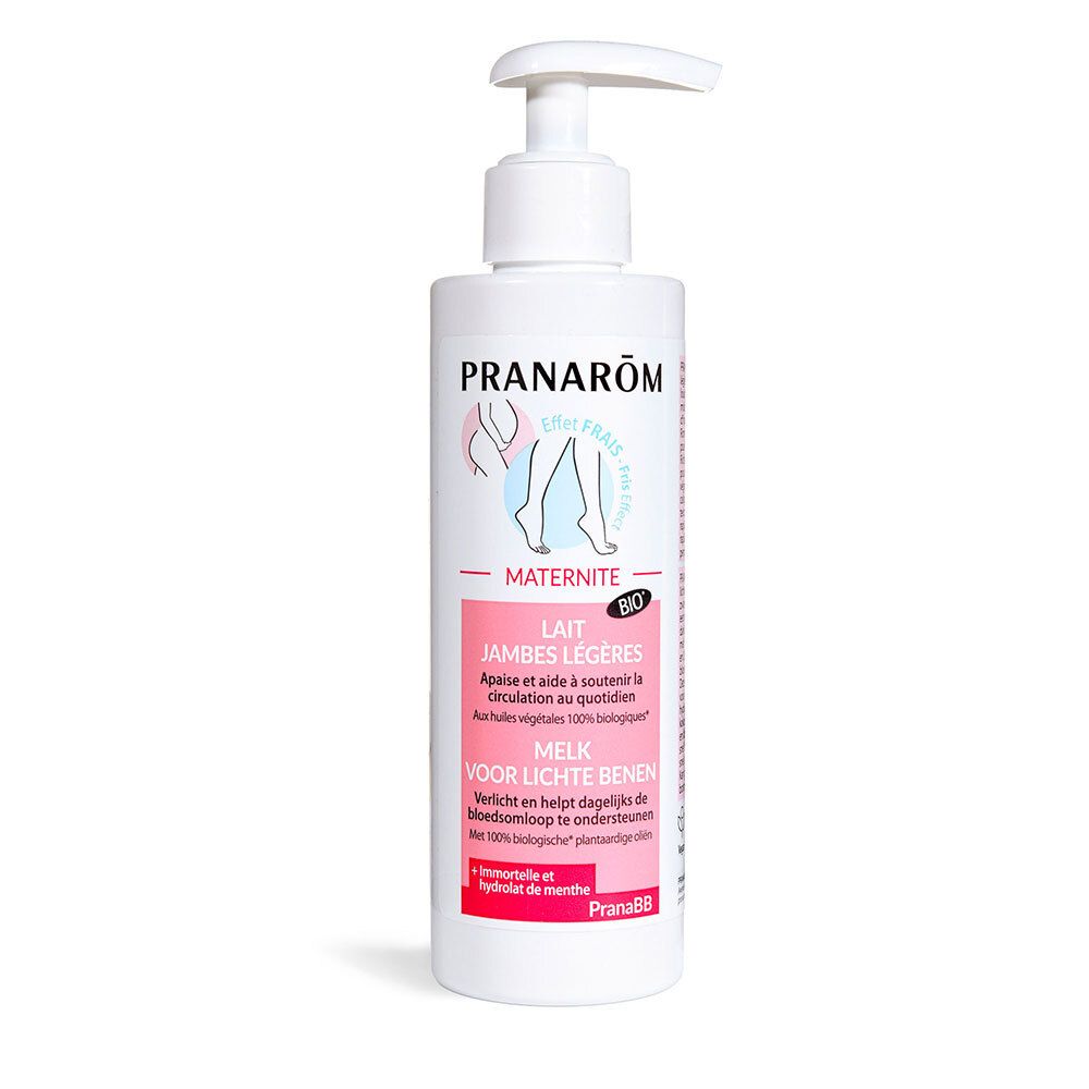 Weiße Flasche mit Pumpe. Aufschrift: Pranarôm, Lait Jambes Légères Bio, Maternité. Rosa und blaue Akzente.