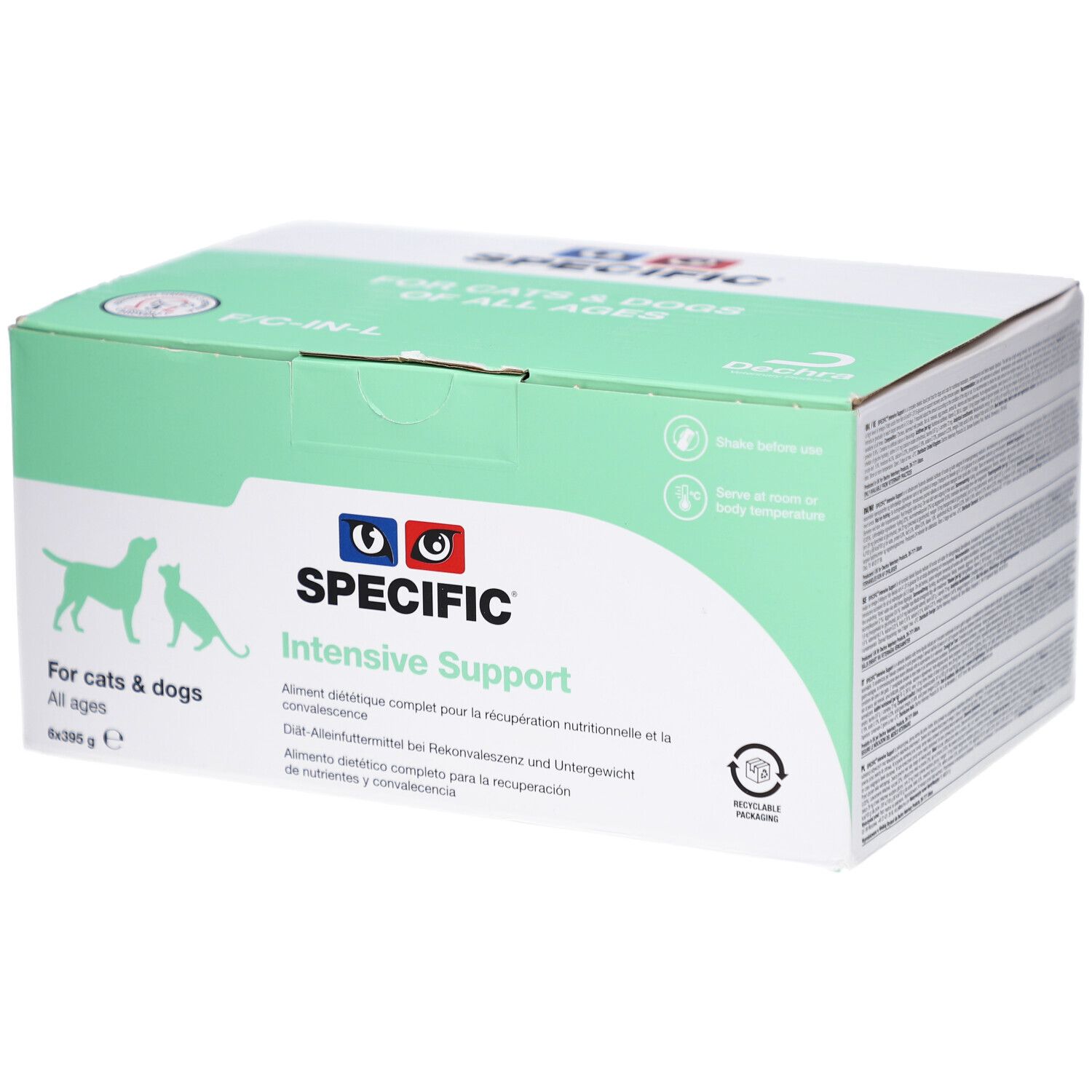 Karton mit Aufdruck. Enthält "SPECIFIC Intensive Support" für Hunde und Katzen. Grün-weiße Verpackung mit Logo und Text.