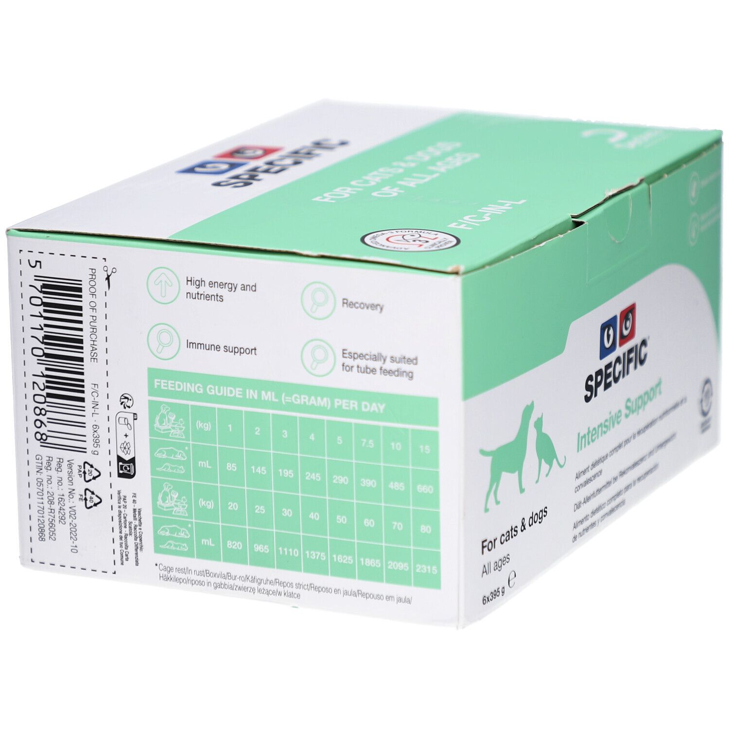 Karton mit Aufdruck. Enthält "SPECIFIC Intensive Support" für Hunde und Katzen. Grün-weiße Verpackung mit Logo und Text.