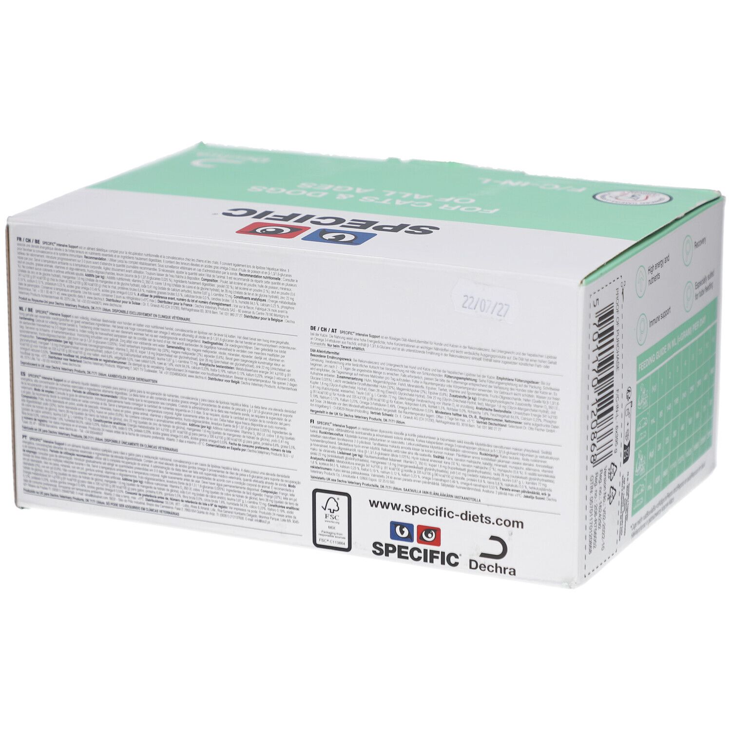 Karton mit Aufdruck. Enthält "SPECIFIC Intensive Support" für Hunde und Katzen. Grün-weiße Verpackung mit Logo und Text. Rückseite.
