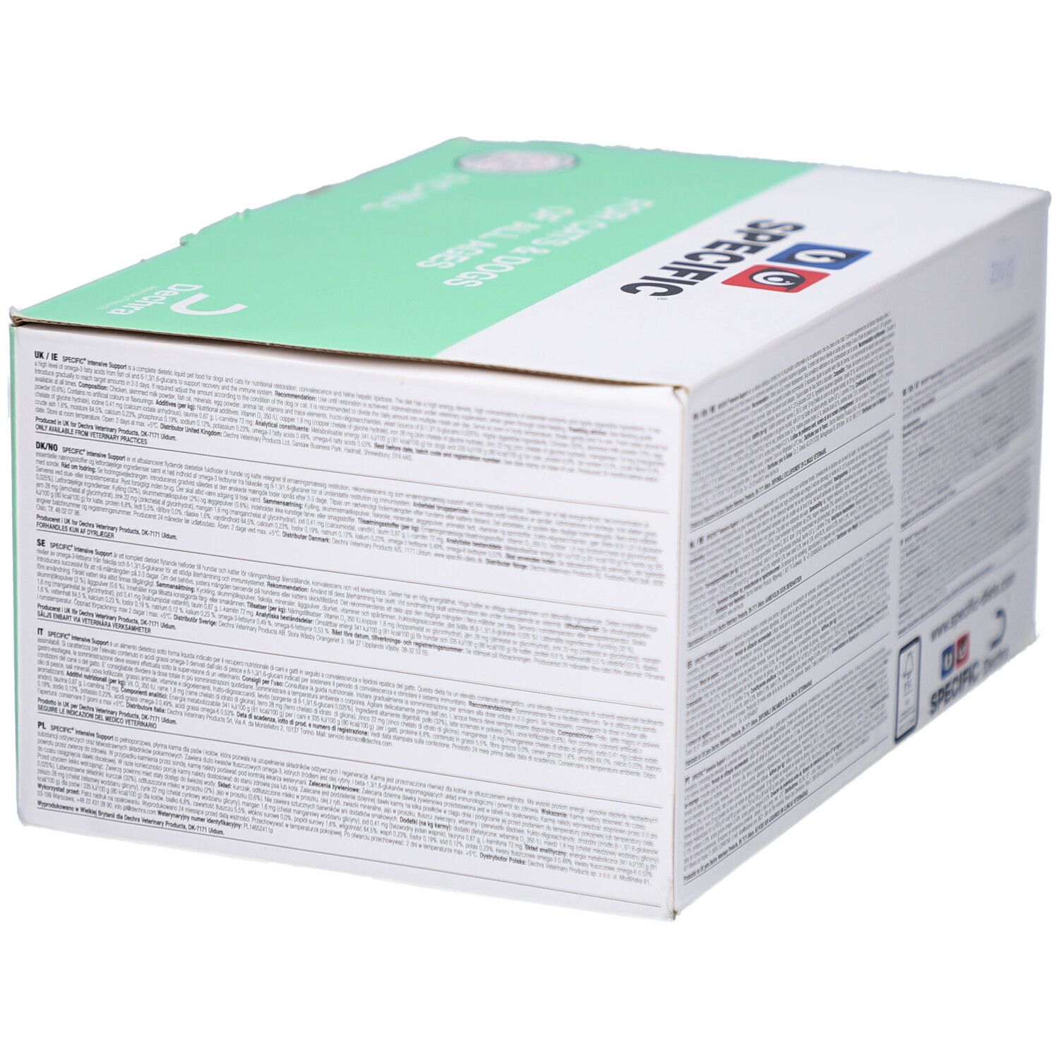Karton mit Aufdruck. Enthält "SPECIFIC Intensive Support" für Hunde und Katzen. Grün-weiße Verpackung mit Logo und Text. Rückseite.