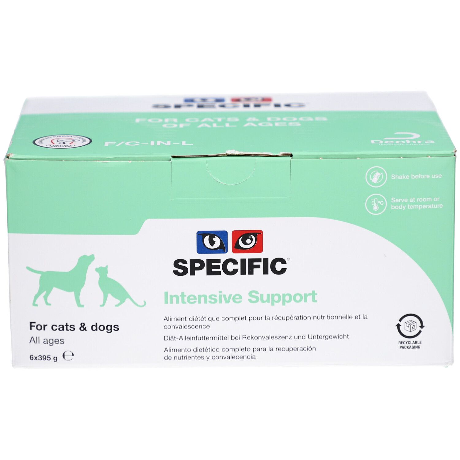 Karton mit Aufdruck. Enthält "SPECIFIC Intensive Support" für Hunde und Katzen. Grün-weiße Verpackung mit Logo und Text.