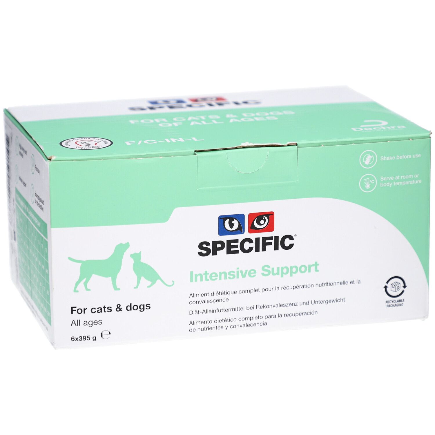 Karton mit Aufdruck. Enthält "SPECIFIC Intensive Support" für Hunde und Katzen. Grün-weiße Verpackung mit Logo und Text.