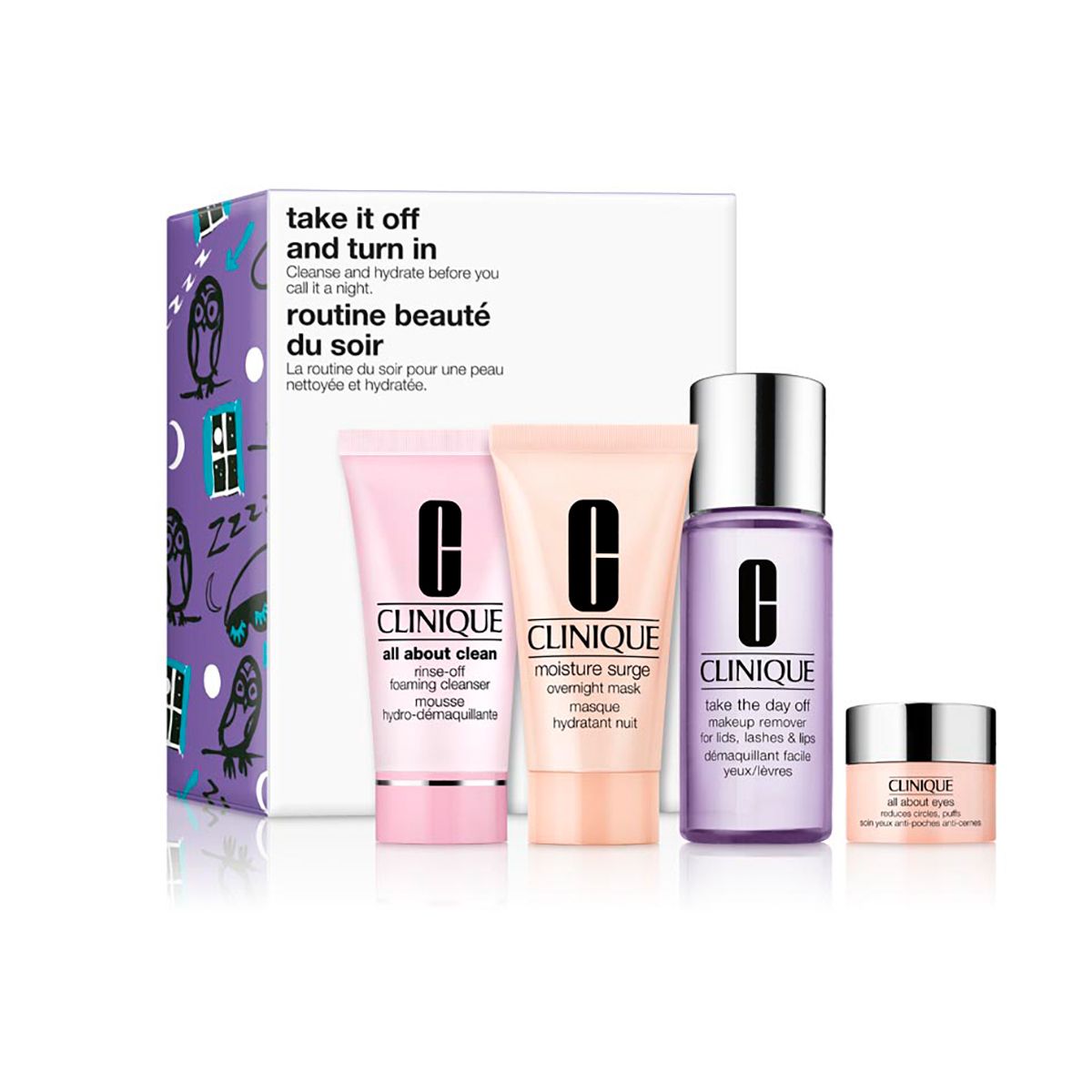Geschenkset mit vier CLINIQUE-Produkten: Reinigungsschaum, Feuchtigkeitsmaske, Augencreme und Make-up-Entferner. Verpackung mit Eulen-Design.
