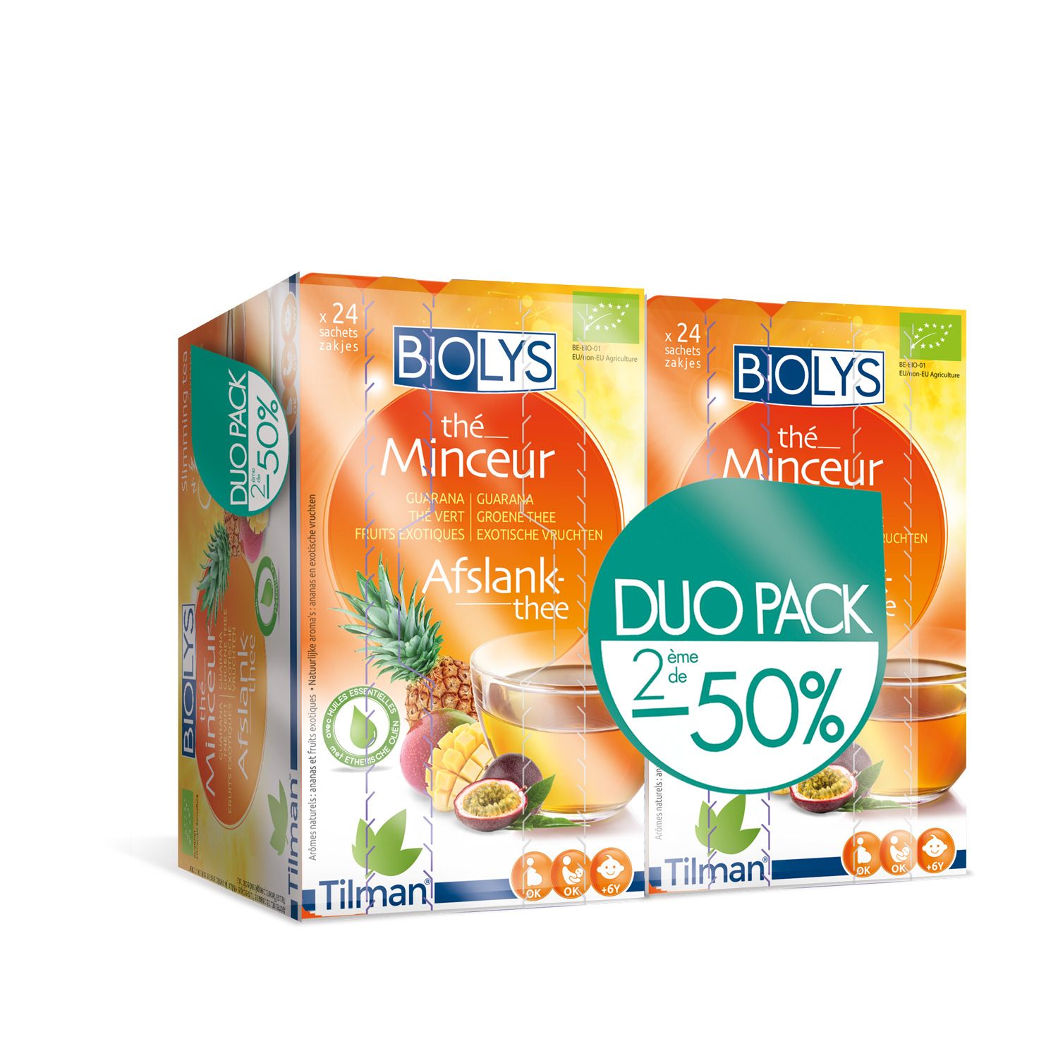 BIOLYS Thé Minceur Duo-Pack. Deux boîtes de thé avec guarana, thé vert et fruits exotiques. 2x24 sachets.
