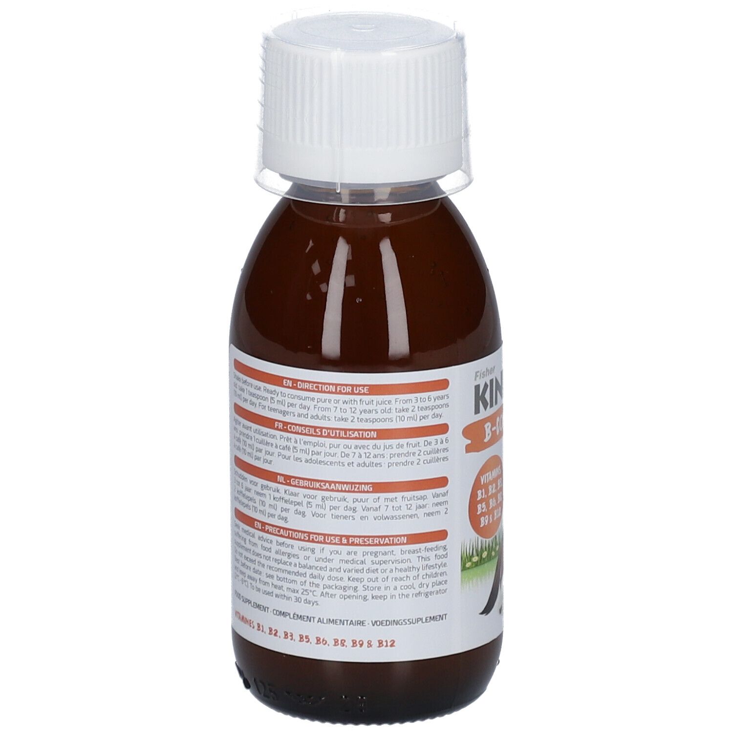 Flasche mit brauner Flüssigkeit und weißem Verschluss. Etikett mit Text in mehreren Sprachen.