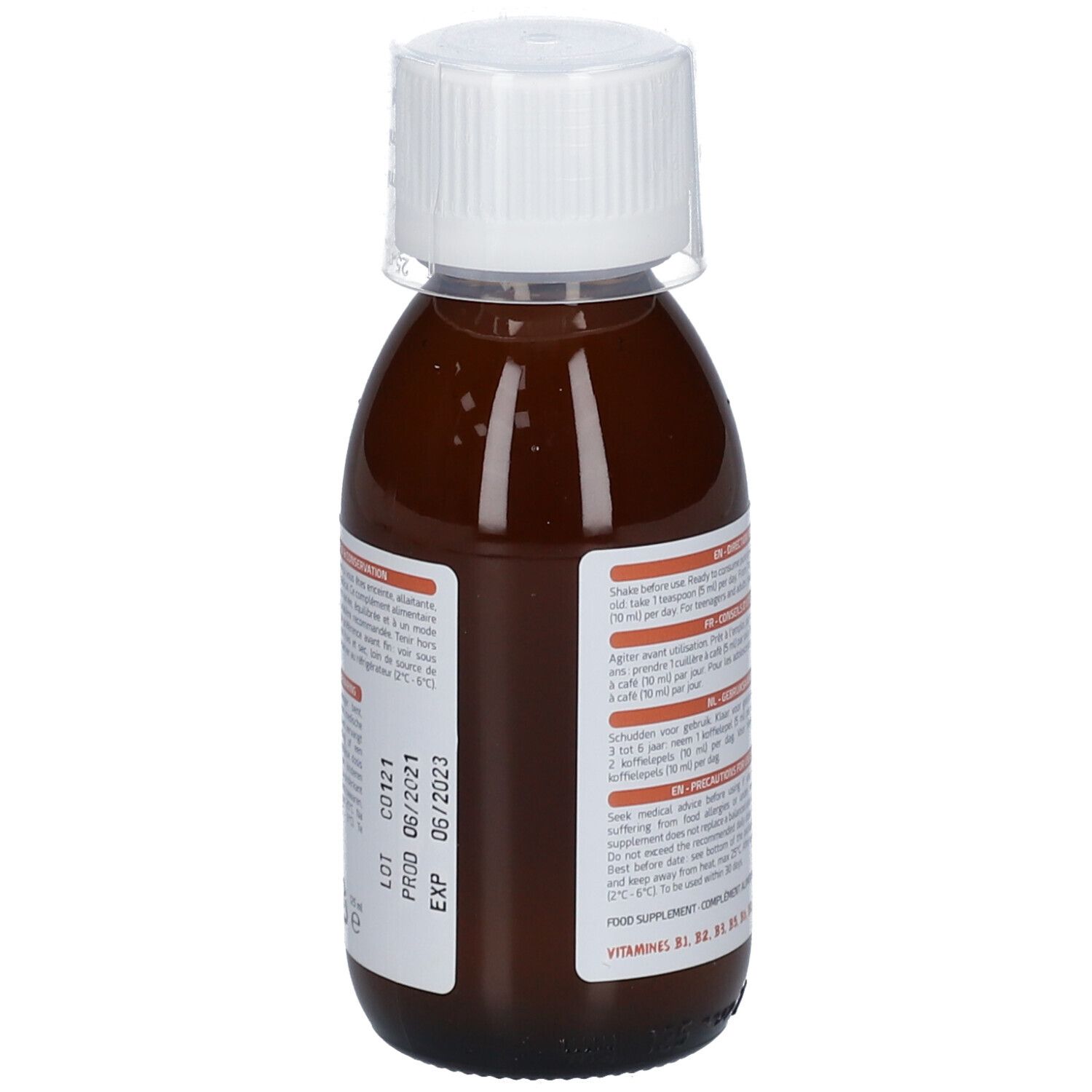 Flasche mit brauner Flüssigkeit und weißem Verschluss. Etikett mit Text und Verfallsdatum.