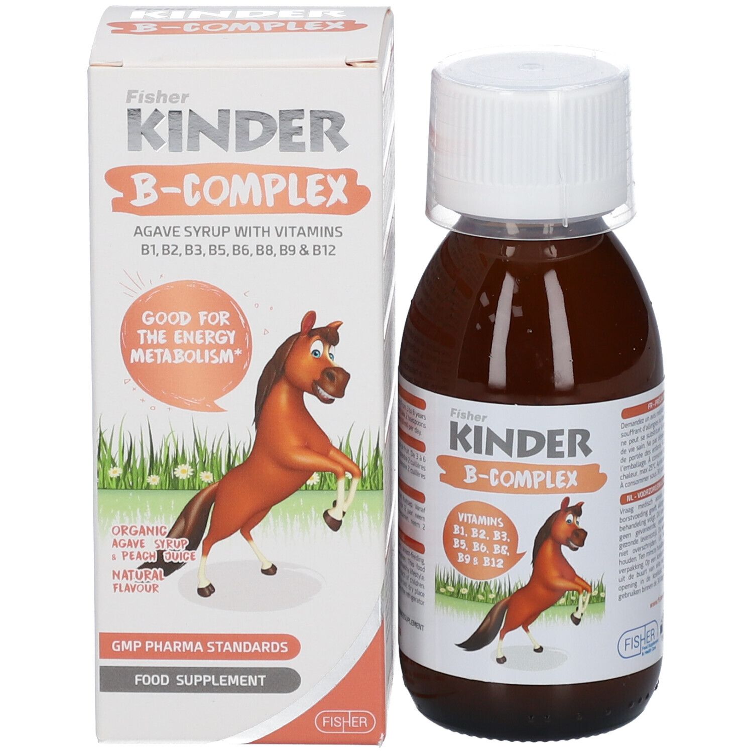 Produktflasche und Verpackung. Verpackung mit Produktnamen, Inhaltsstoffen und einem Pferd.