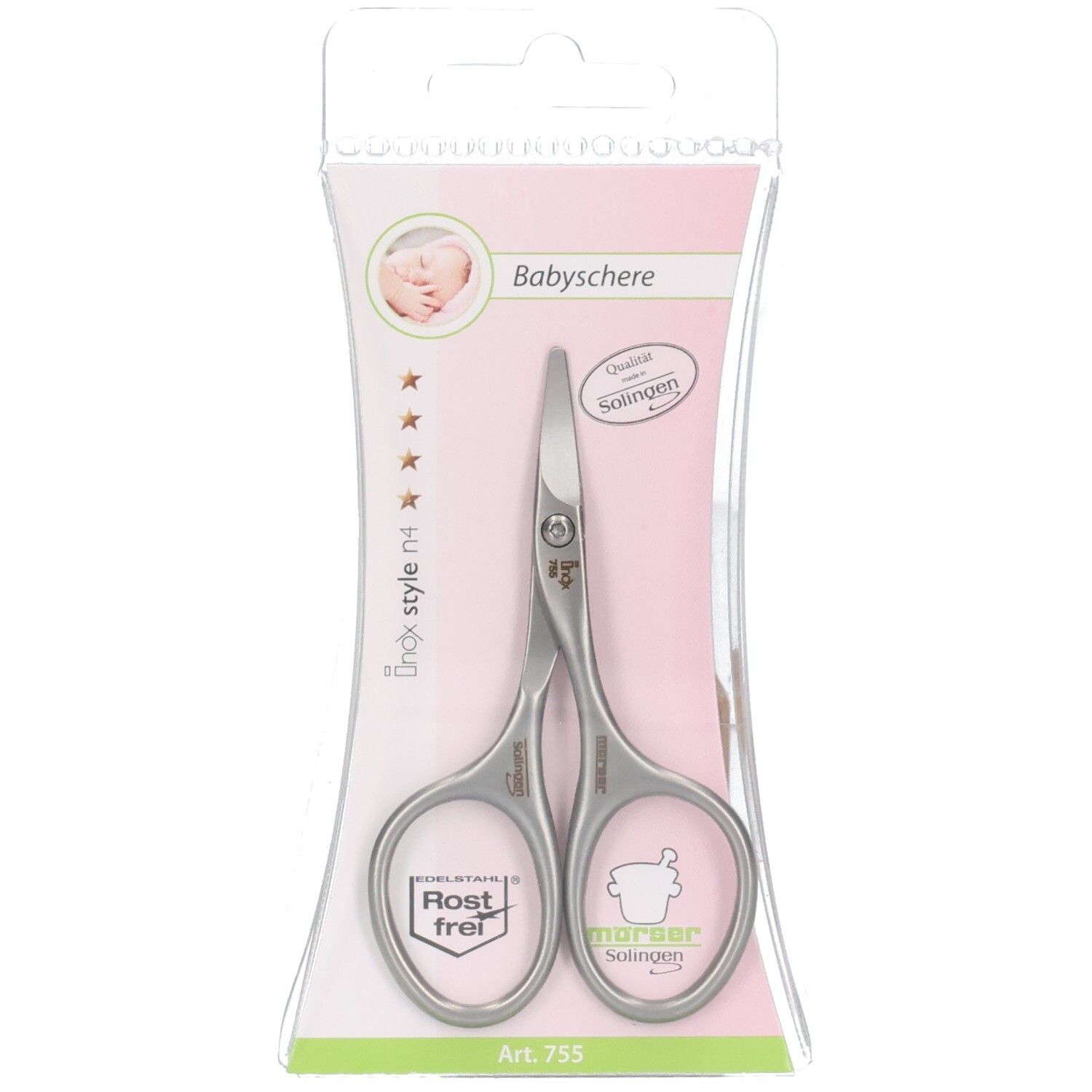 Baby-Nagelschere aus Edelstahl, rostfrei, mit abgerundeten Spitzen. In Blisterverpackung.