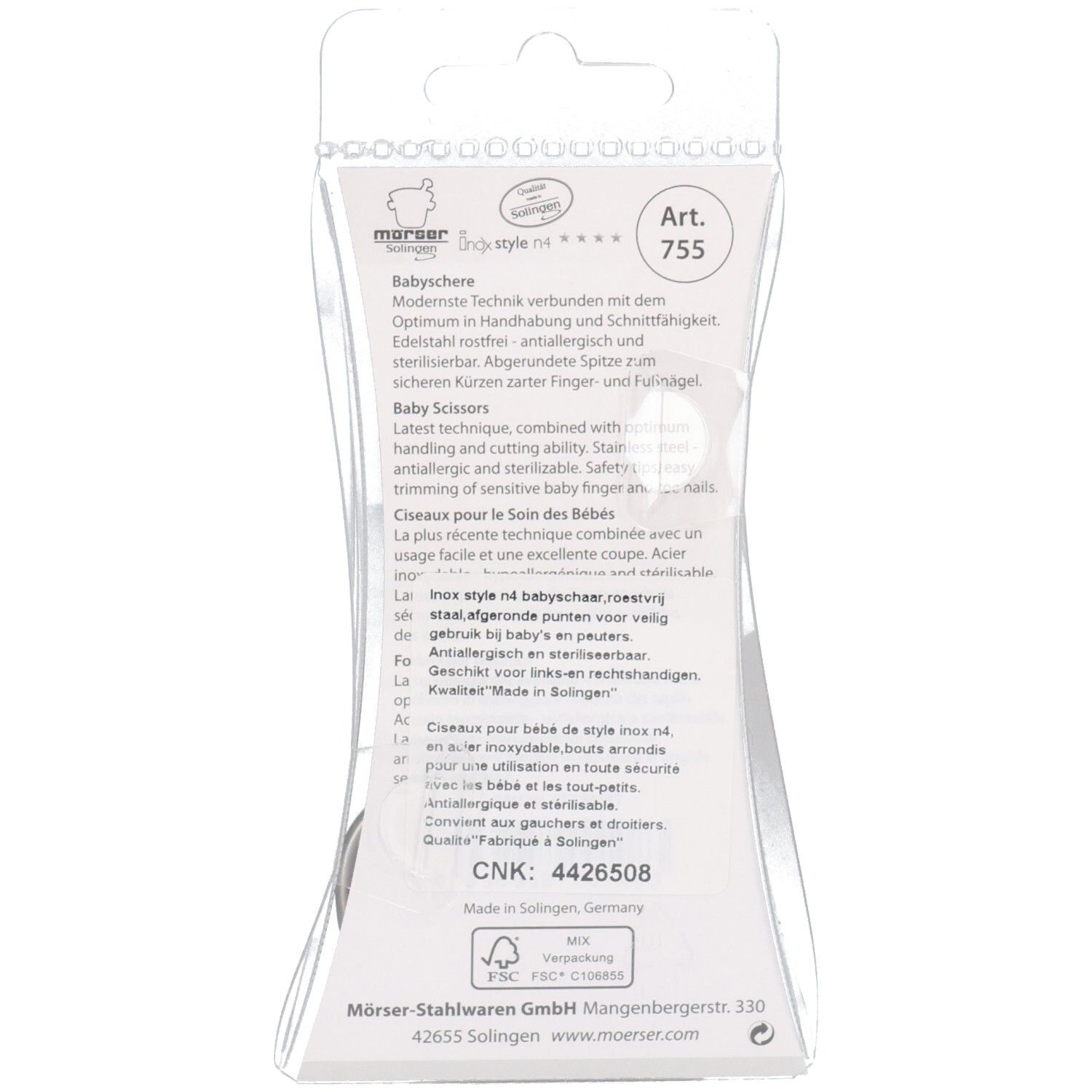 Rückseite der Verpackung einer Babyschere aus Edelstahl. Enthält Produktinformationen und Artikelnummer.