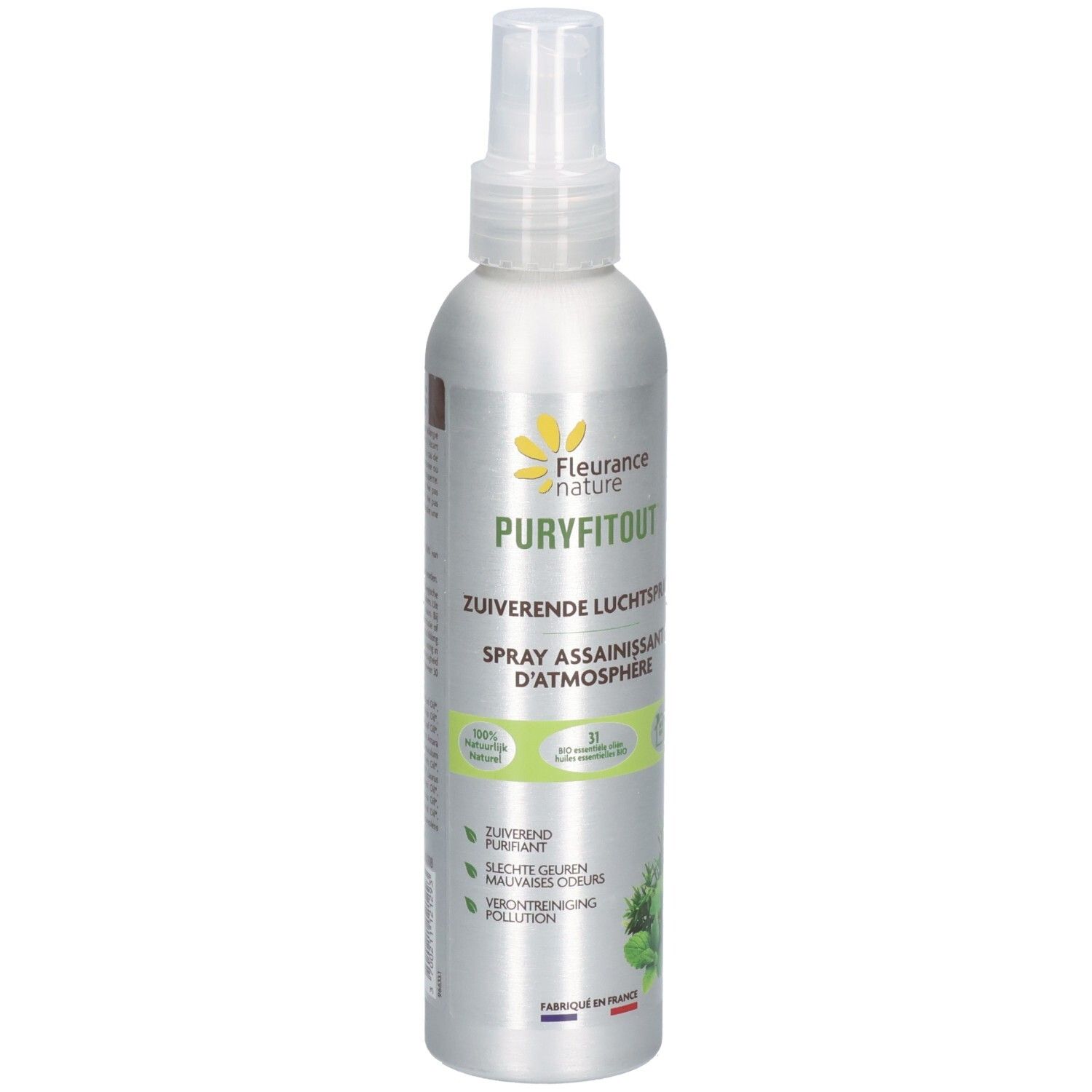 Silberne Sprühflasche mit weißem Sprühkopf. Aufschrift: Puryfitout, Spray assainissant d'atmosphère. Logo: gelbe Blume.