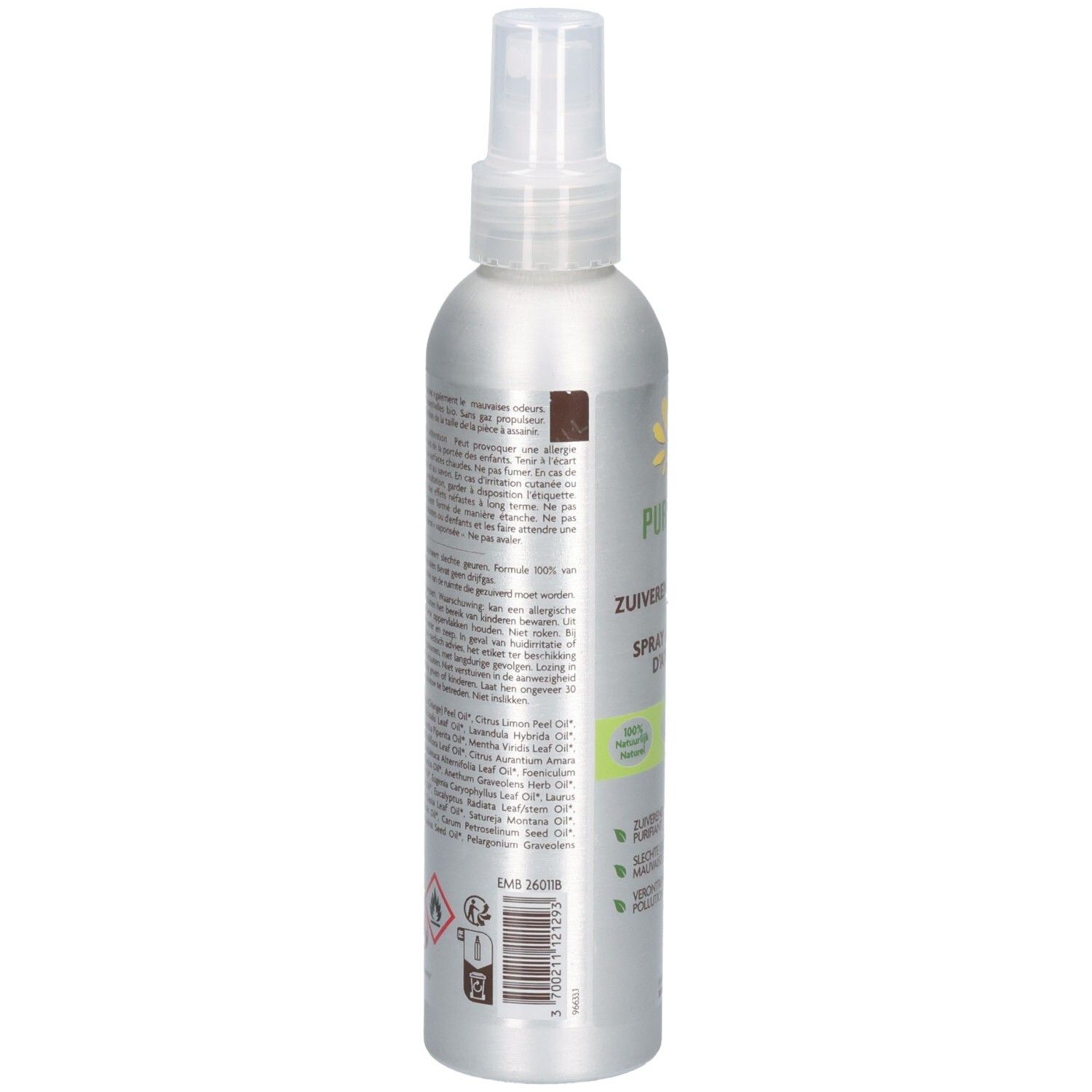 Rückseite der silbernen Sprühflasche. Text mit Inhaltsstoffen und Warnhinweisen. Logo: gelbe Blume. Barcode und Piktogramme.