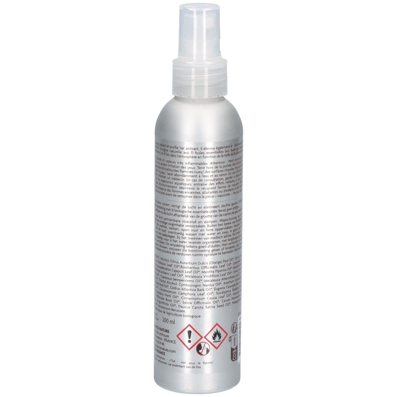Rückseite der silbernen Sprühflasche. Text mit Inhaltsstoffen und Warnhinweisen. Logo: gelbe Blume. Barcode und Piktogramme.