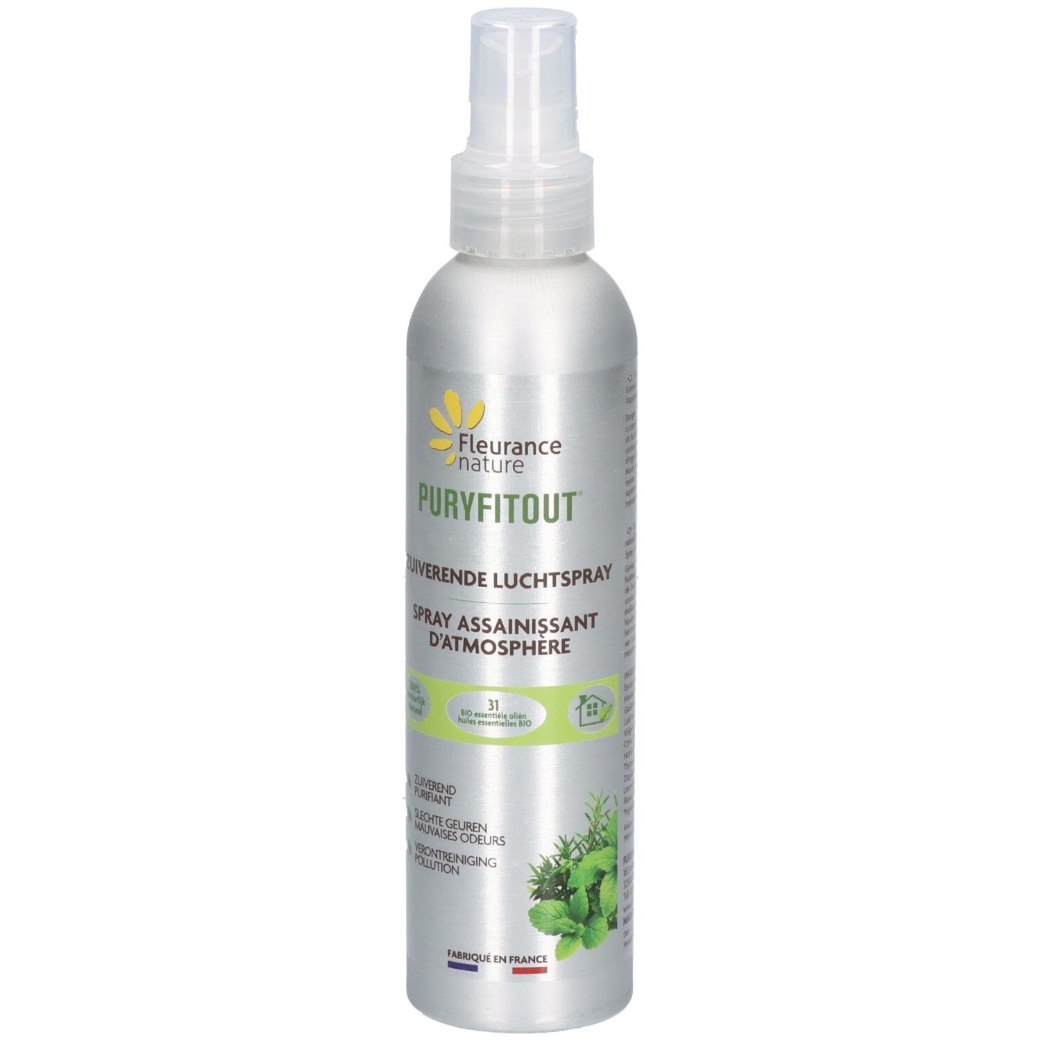 Silberne Sprühflasche mit weißem Sprühkopf. Aufschrift: Puryfitout, Spray assainissant d'atmosphère. Logo: gelbe Blume.